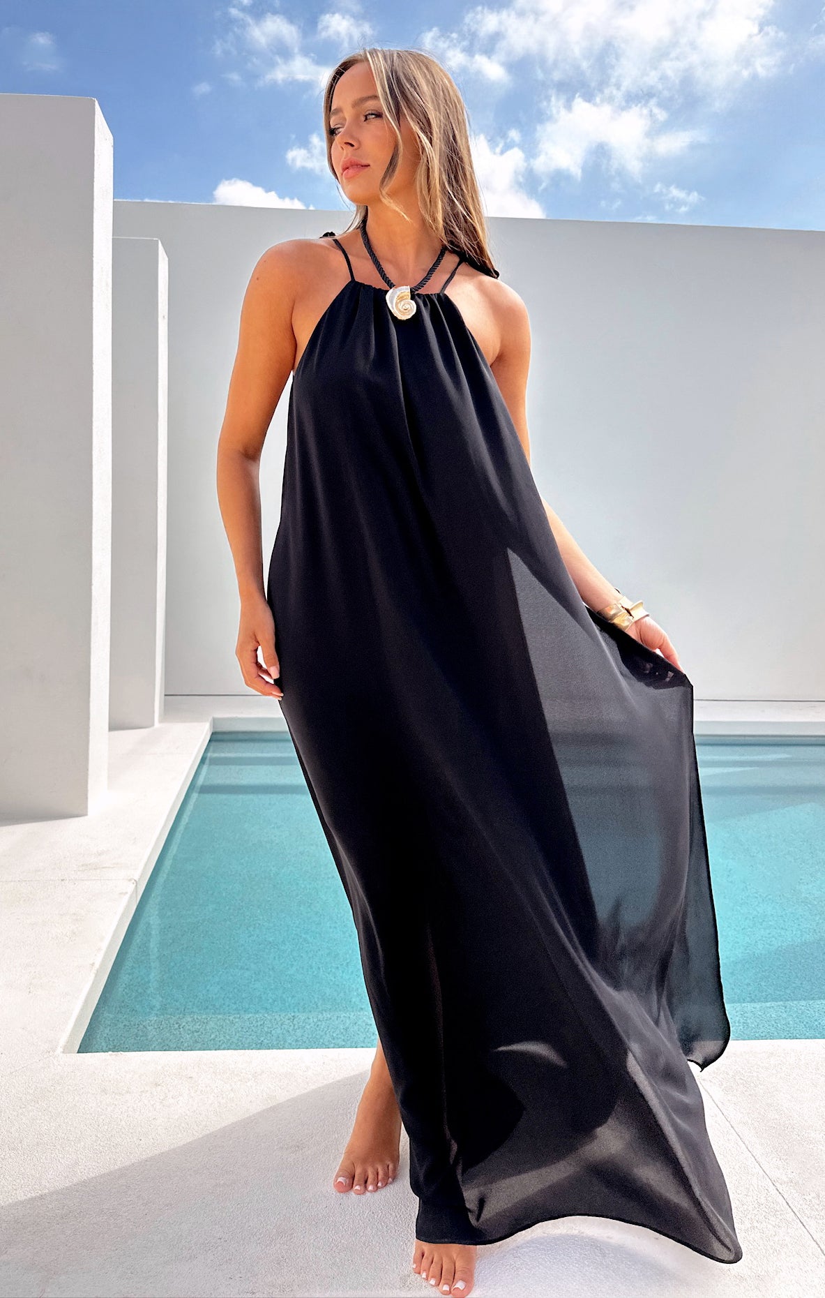 Boho Rochester Maxi Dress with Slits & Tassels - Black