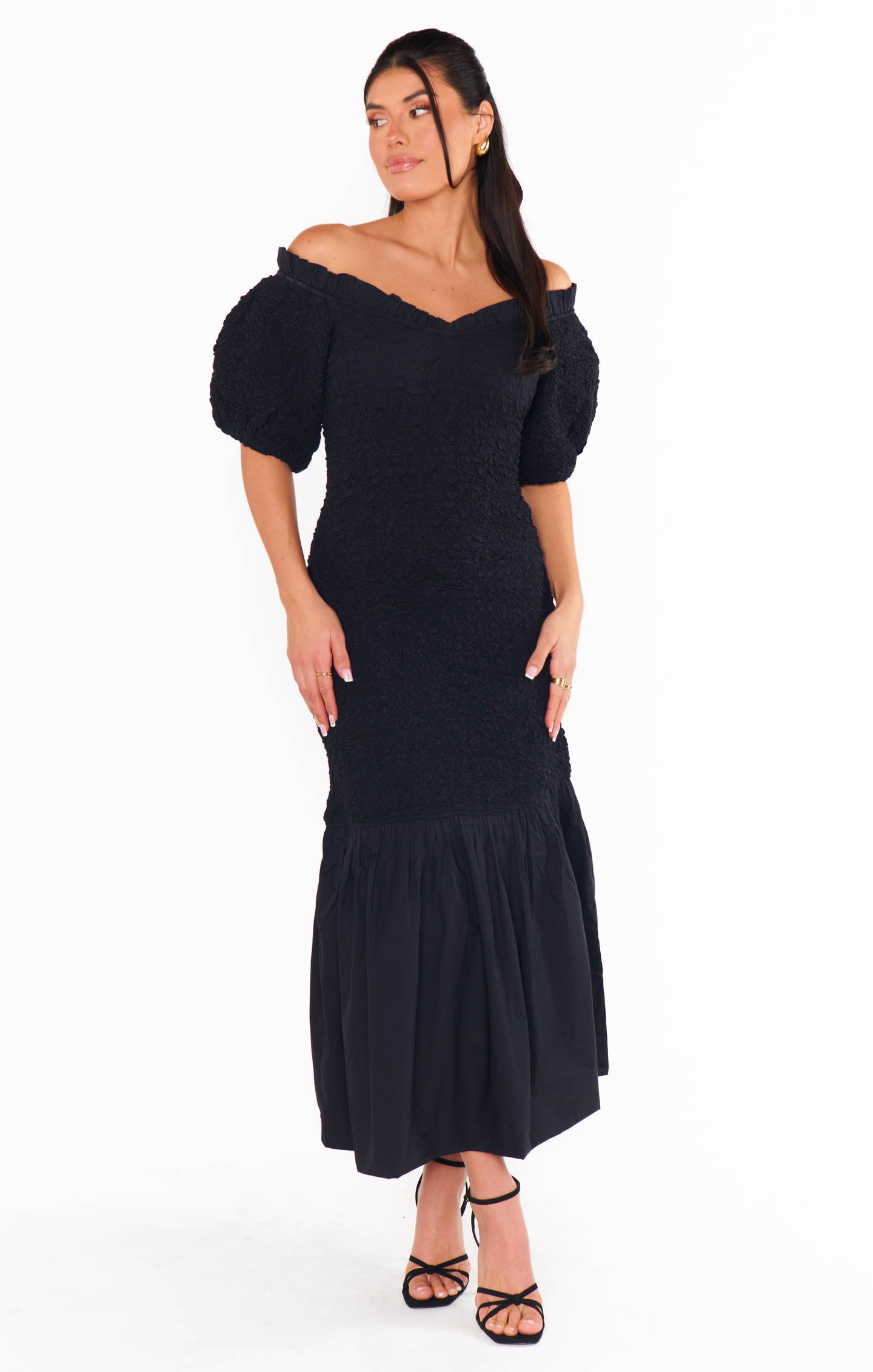 Black Off-Shoulder Midi Dress - Stretch Textured Fabric for Date Night