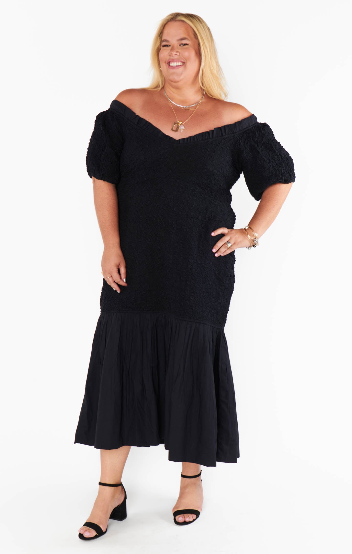 Black Off-Shoulder Midi Dress - Stretch Textured Fabric for Date Night