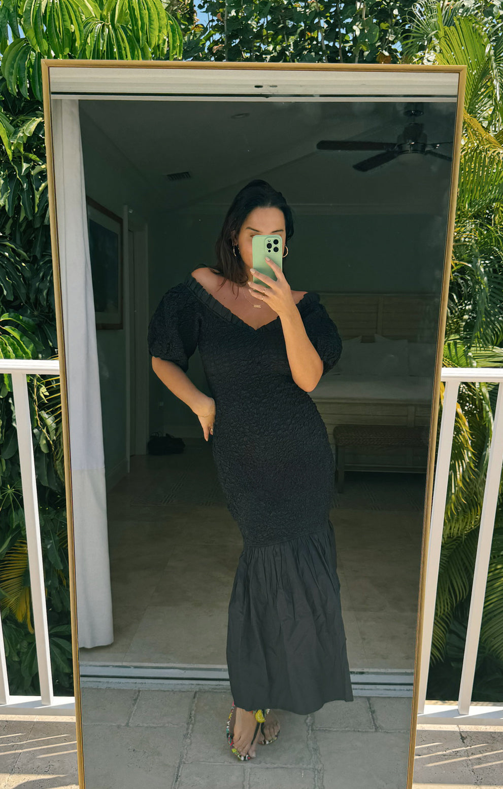 Black Off-Shoulder Midi Dress - Stretch Textured Fabric for Date Night