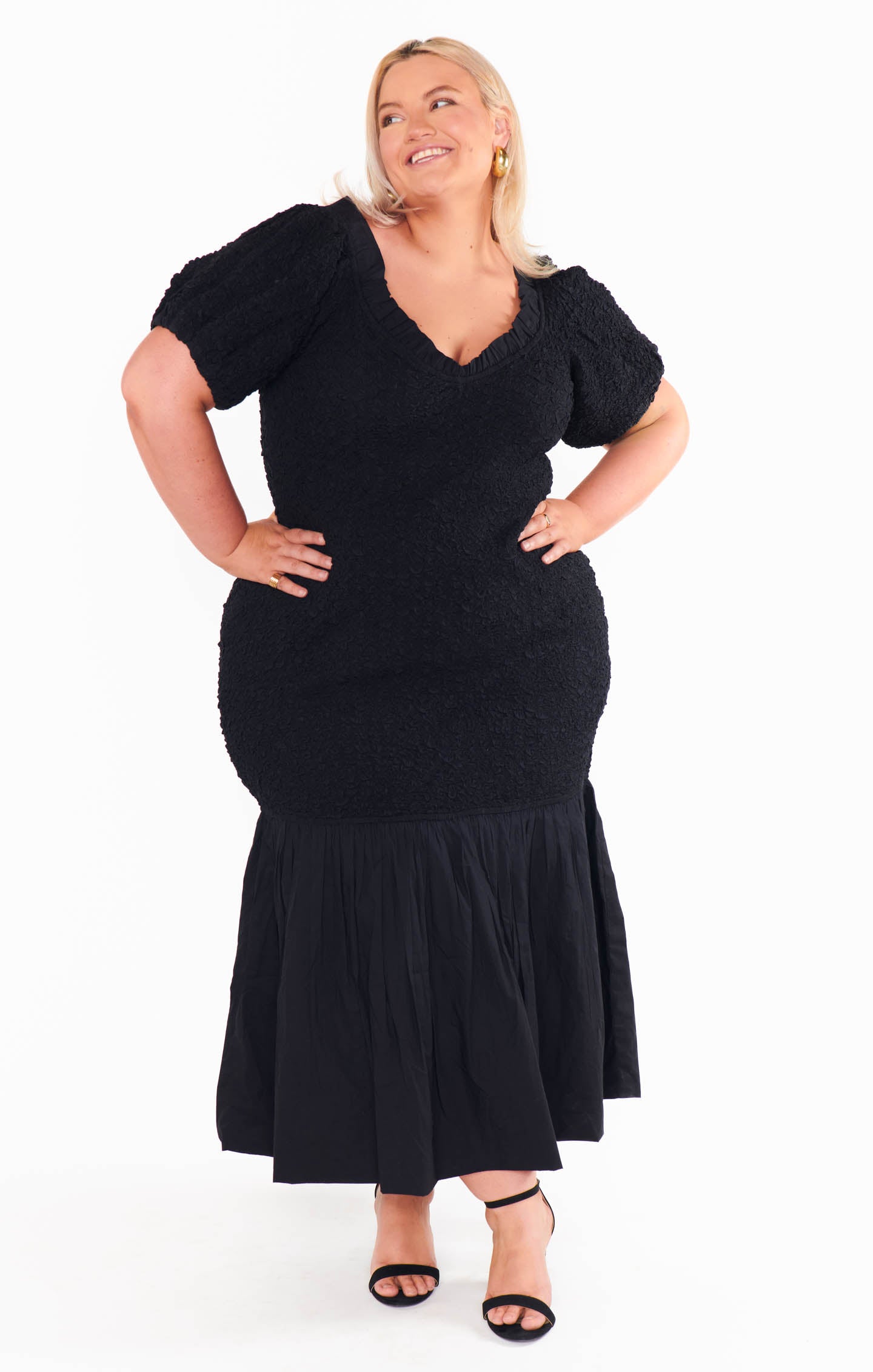Black Off-Shoulder Midi Dress - Stretch Textured Fabric for Date Night
