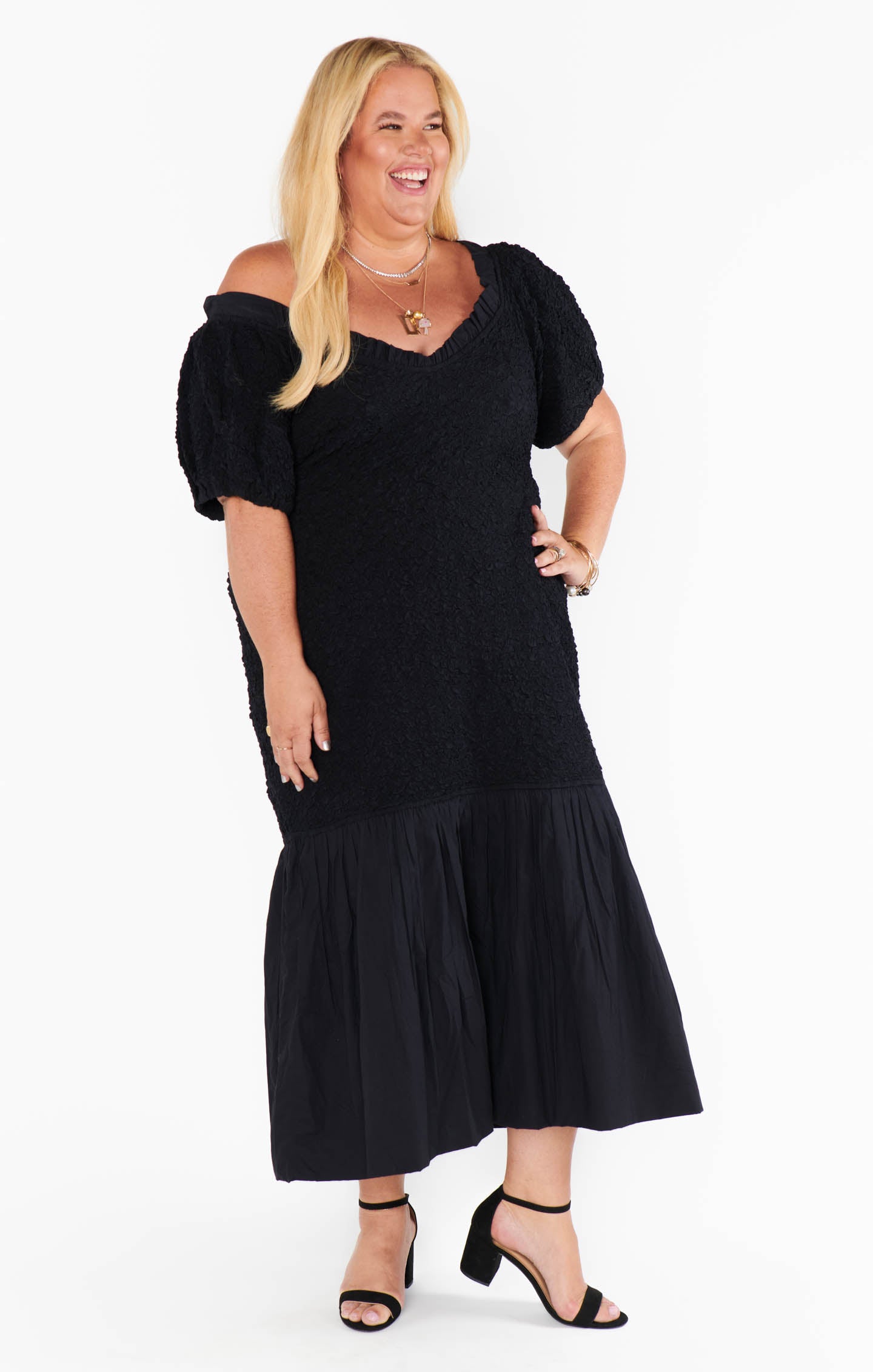 Black Off-Shoulder Midi Dress - Stretch Textured Fabric for Date Night