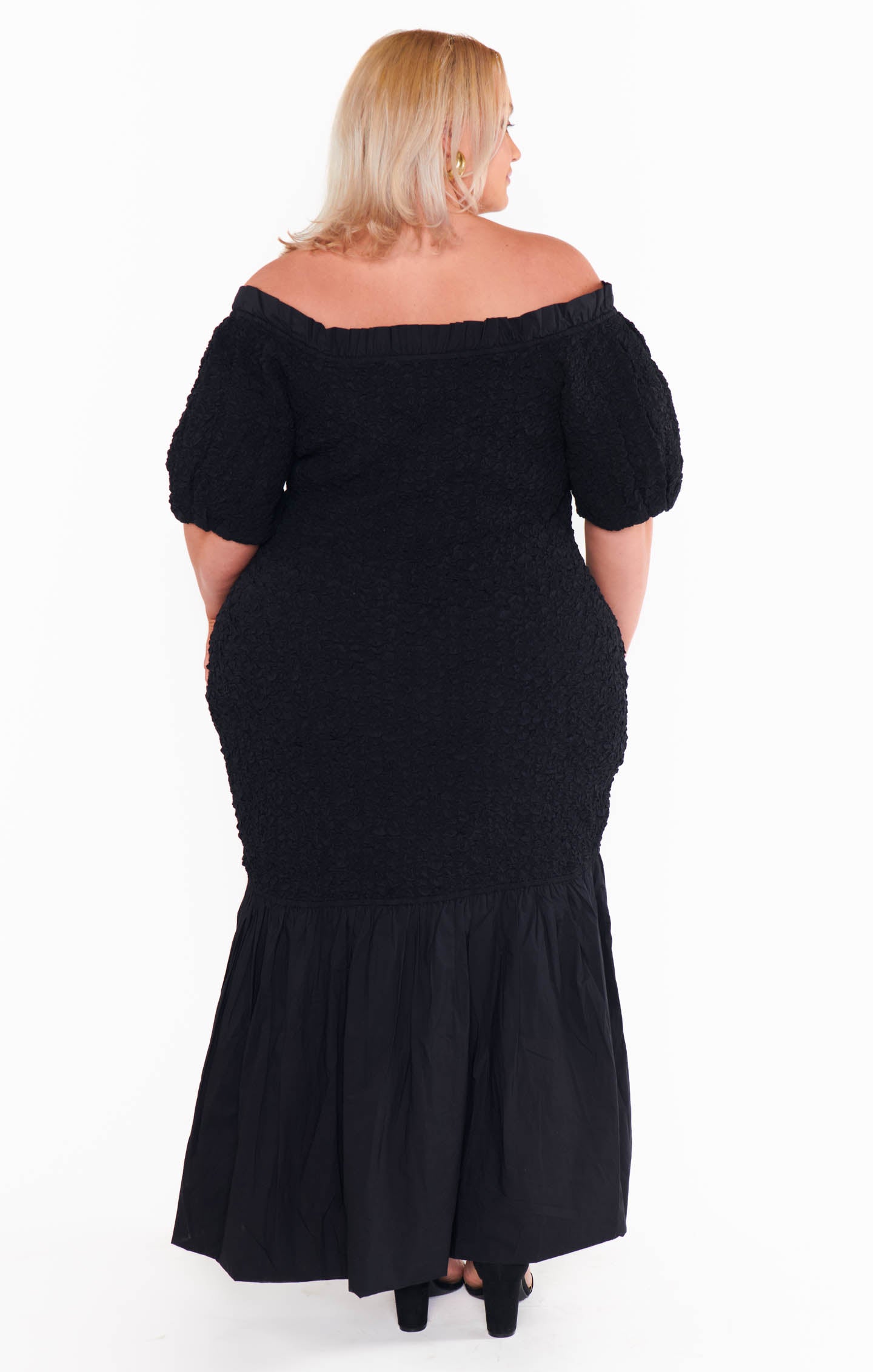 Black Off-Shoulder Midi Dress - Stretch Textured Fabric for Date Night