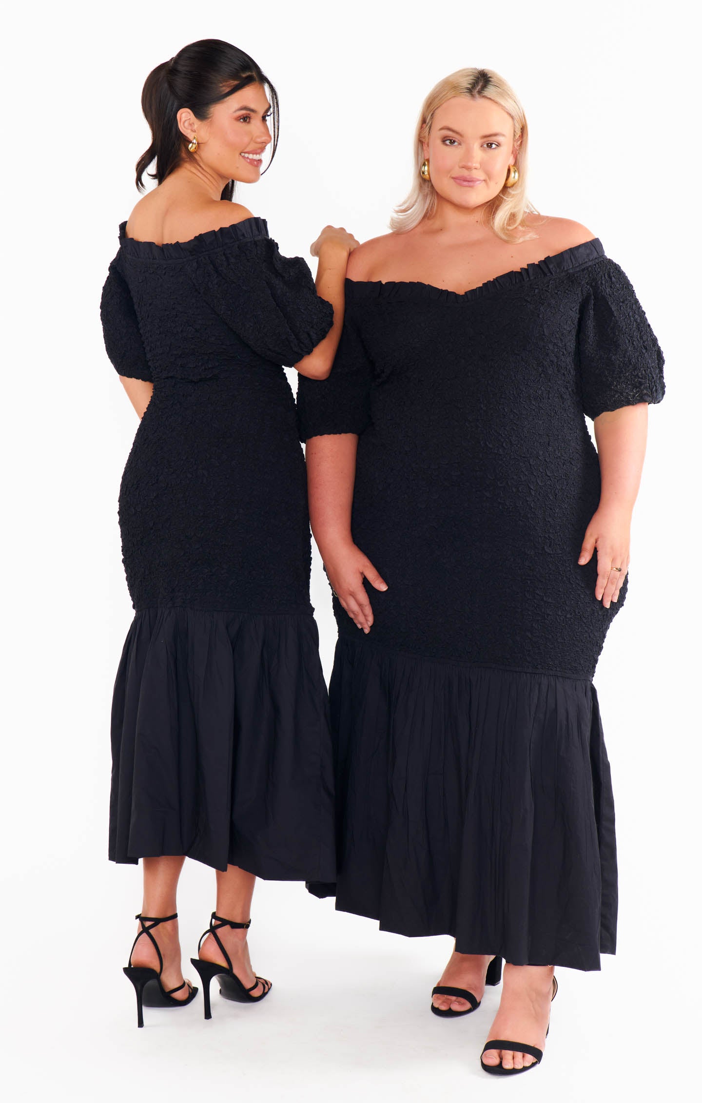 Black Off-Shoulder Midi Dress - Stretch Textured Fabric for Date Night
