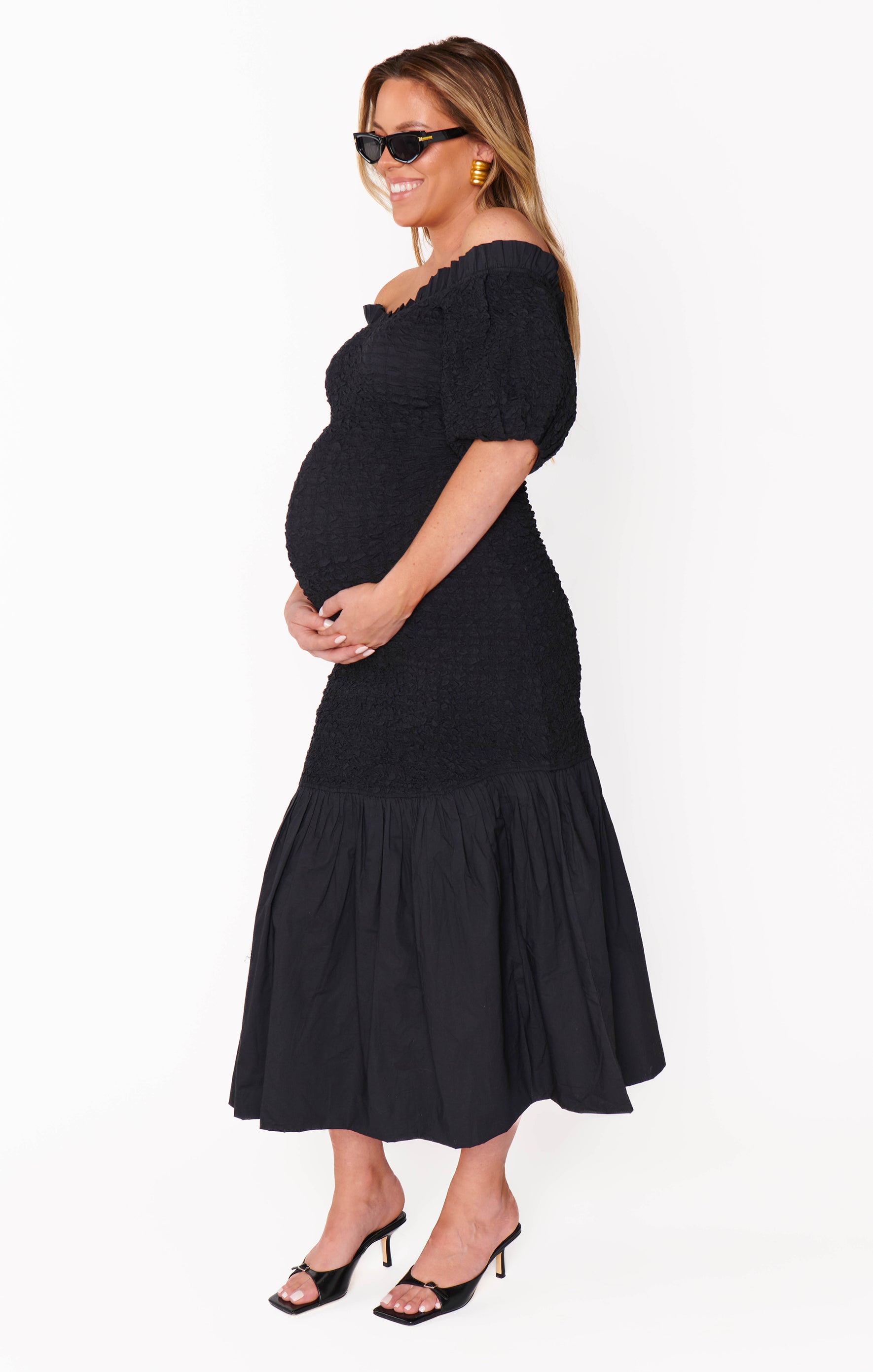 Black Off-Shoulder Midi Dress - Stretch Textured Fabric for Date Night