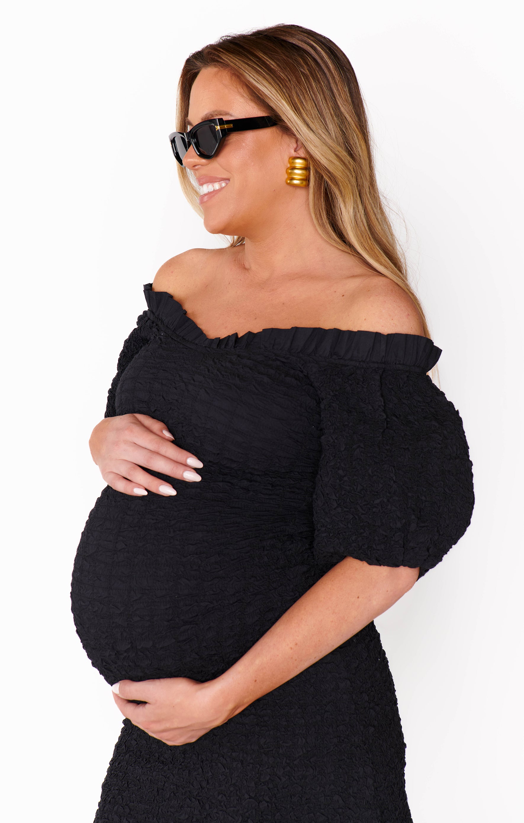Black Off-Shoulder Midi Dress - Stretch Textured Fabric for Date Night