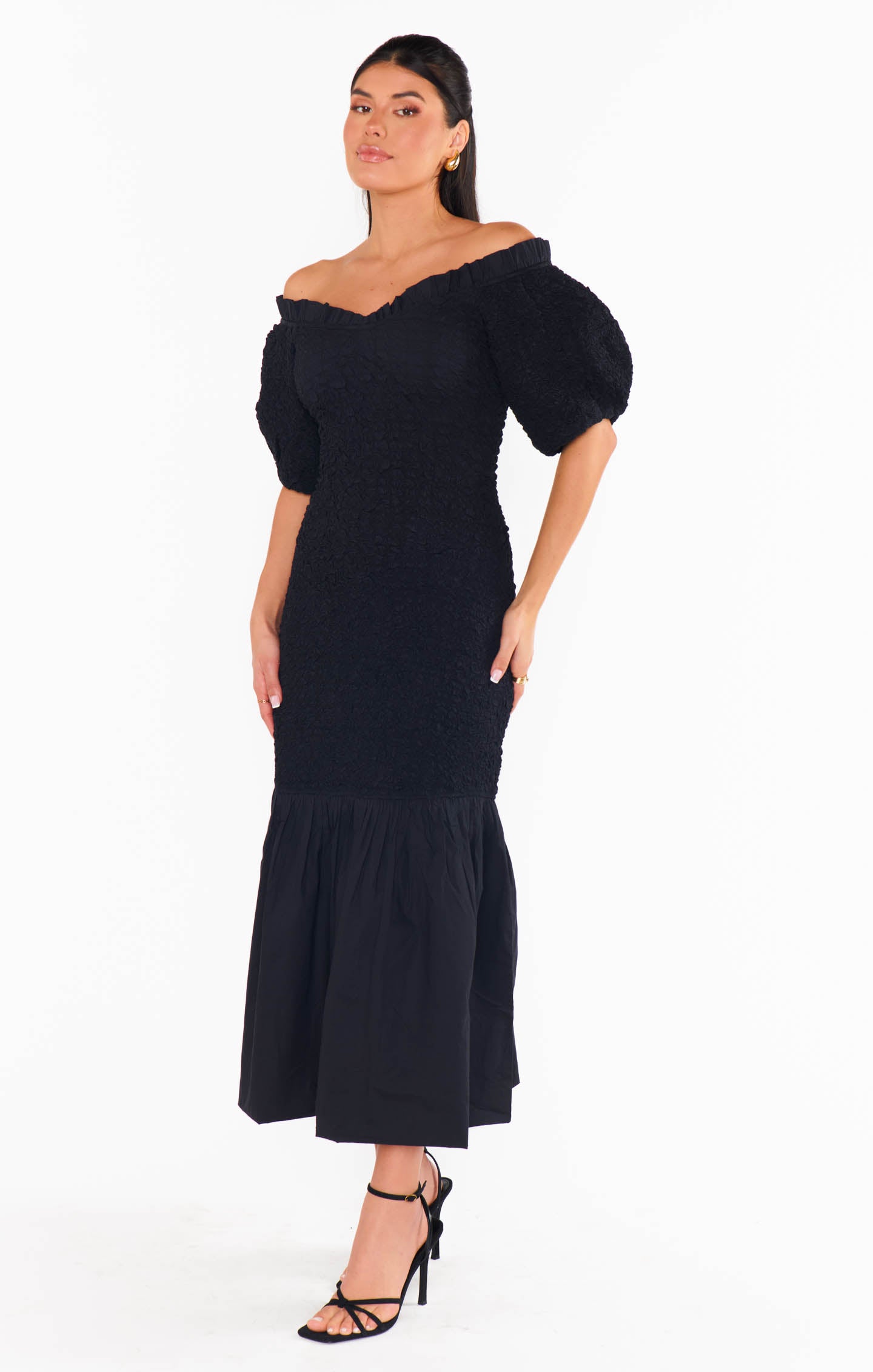 Black Off-Shoulder Midi Dress - Stretch Textured Fabric for Date Night