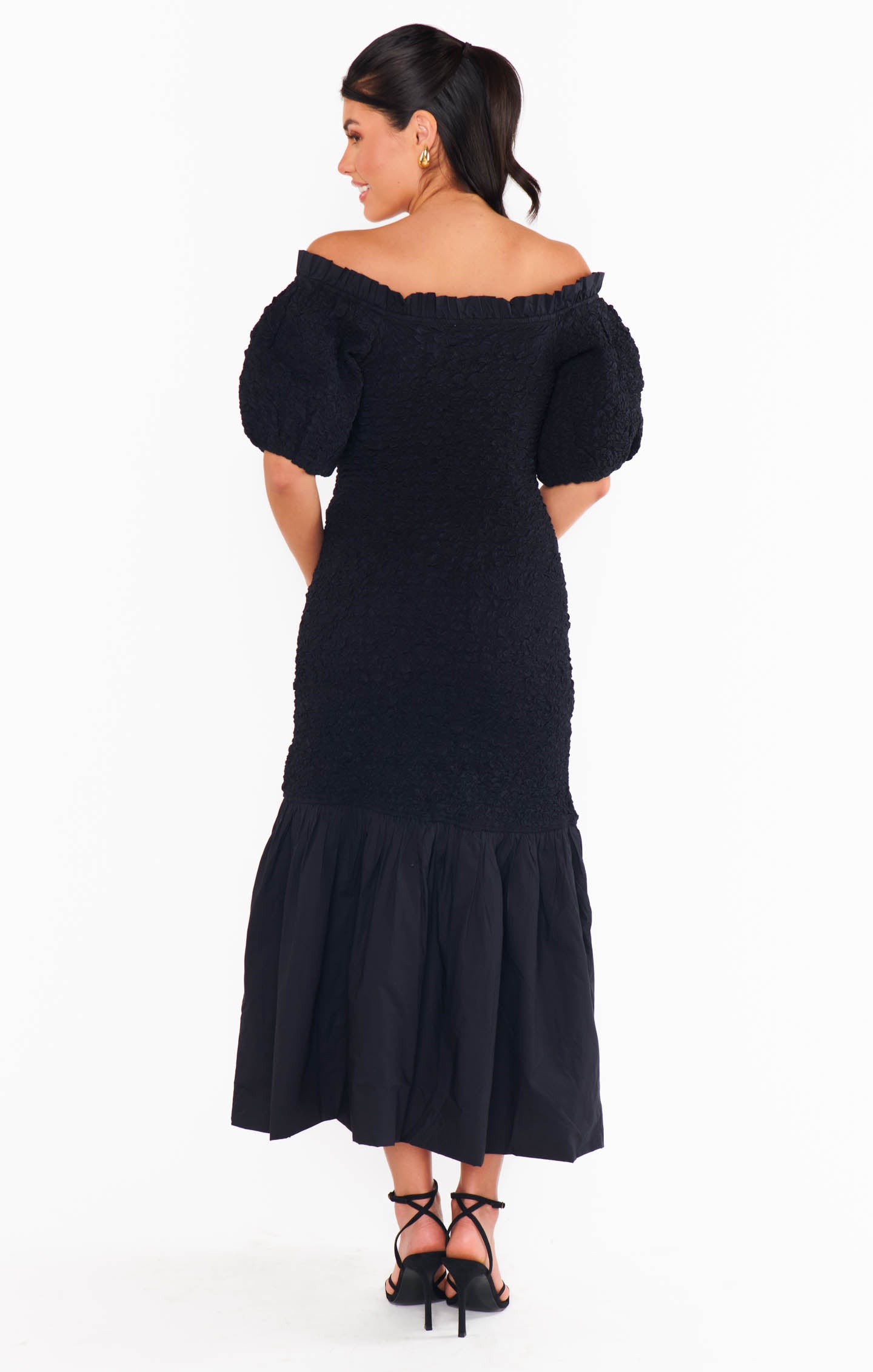 Black Off-Shoulder Midi Dress - Stretch Textured Fabric for Date Night
