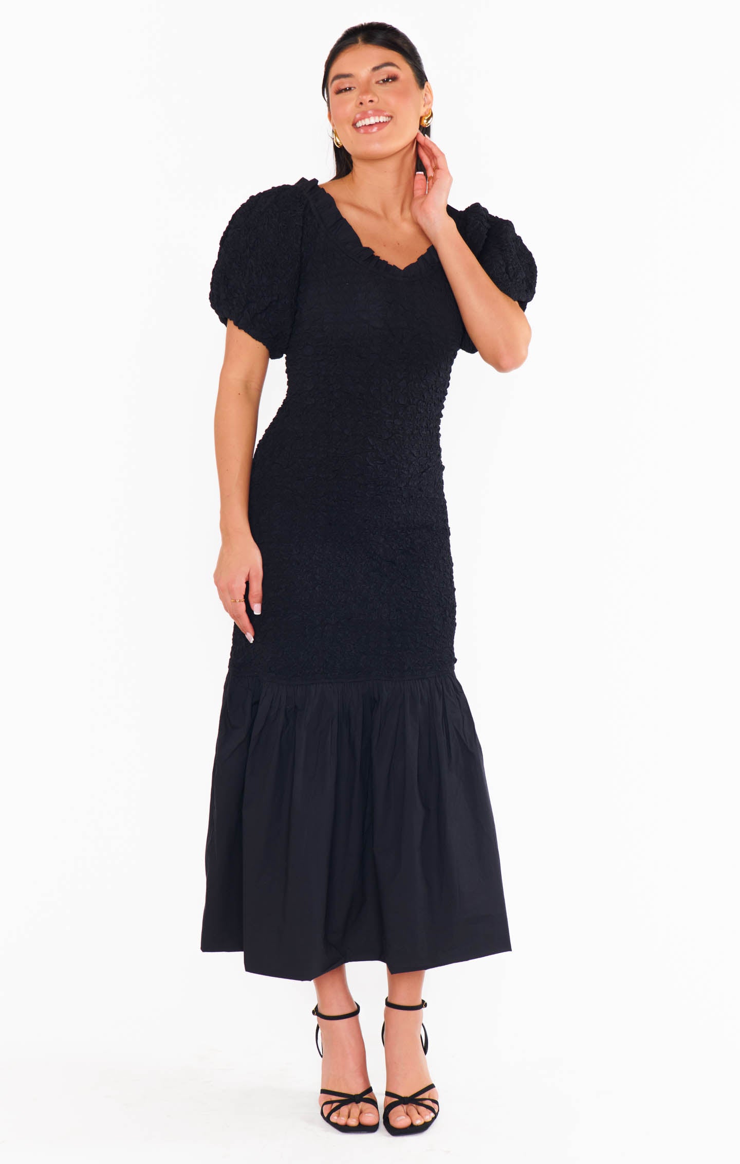Black Off-Shoulder Midi Dress - Stretch Textured Fabric for Date Night