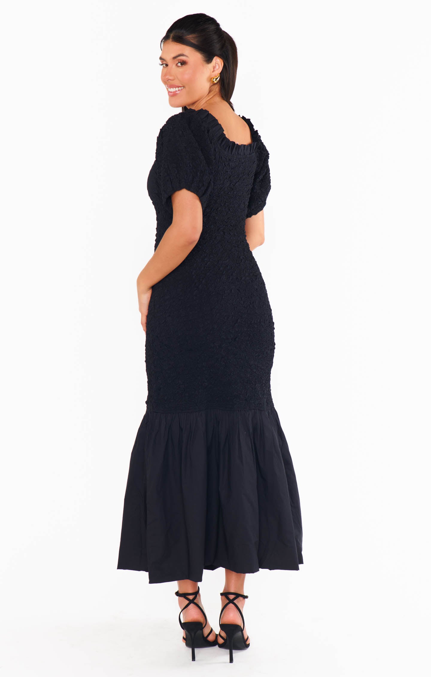 Black Off-Shoulder Midi Dress - Stretch Textured Fabric for Date Night