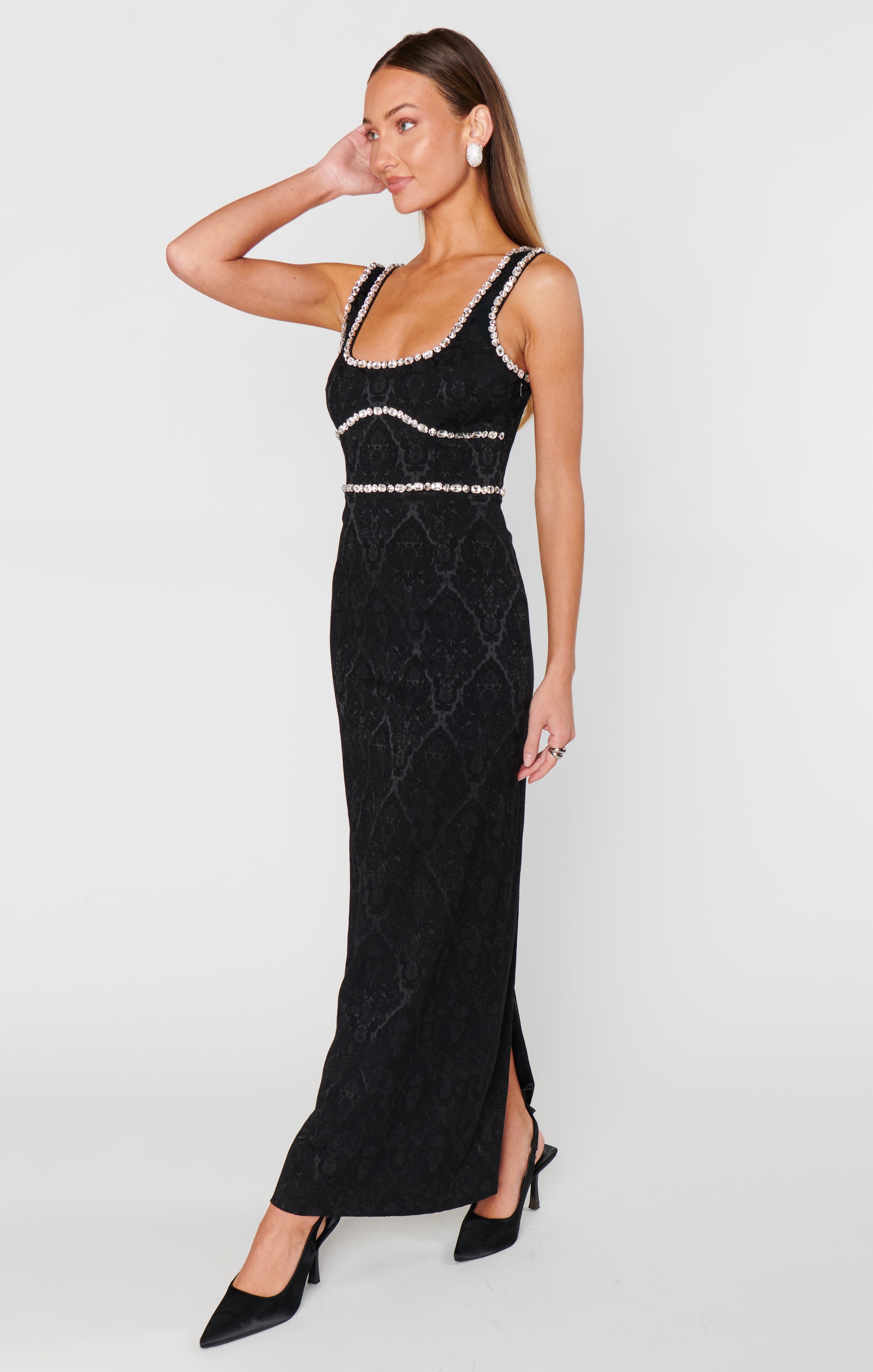 Black Rhinestone Jacquard Maxi Dress - Gina Elegant Evening Gown