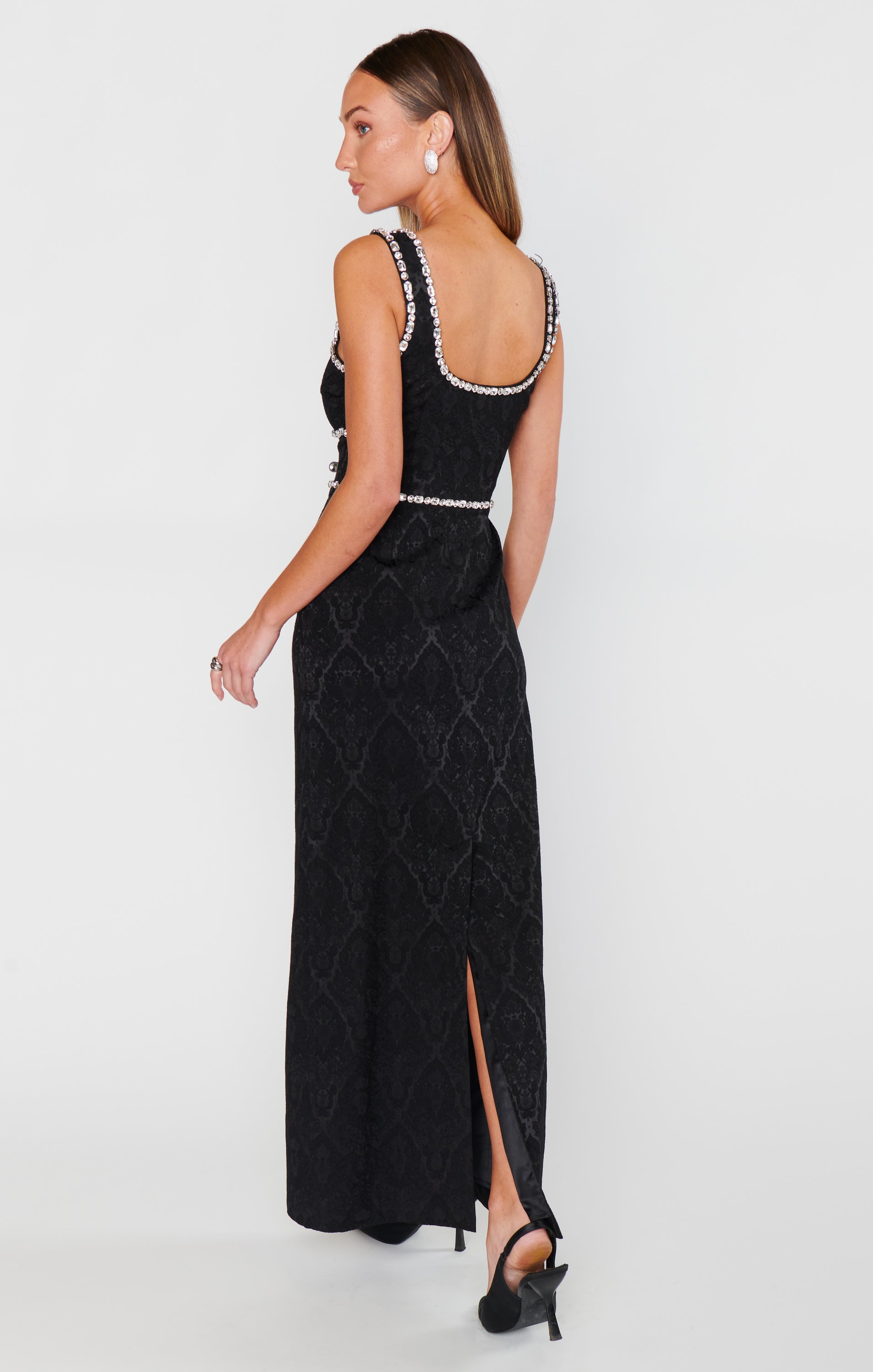 Black Rhinestone Jacquard Maxi Dress - Gina Elegant Evening Gown