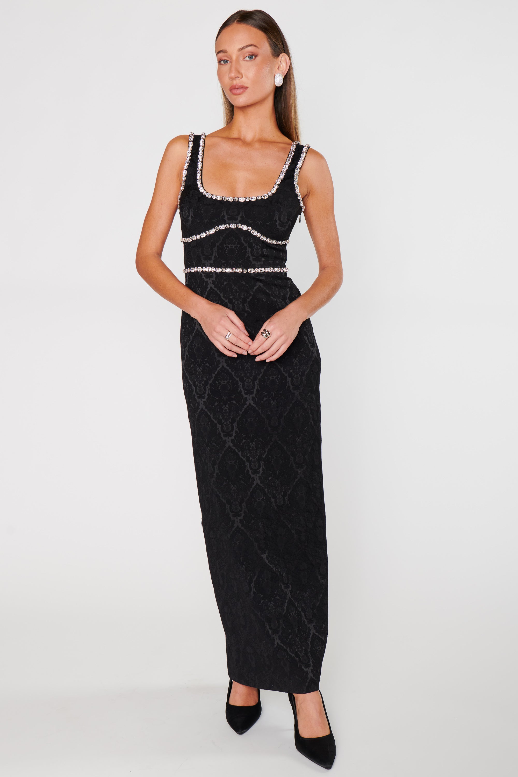 Black Rhinestone Jacquard Maxi Dress - Gina Elegant Evening Gown