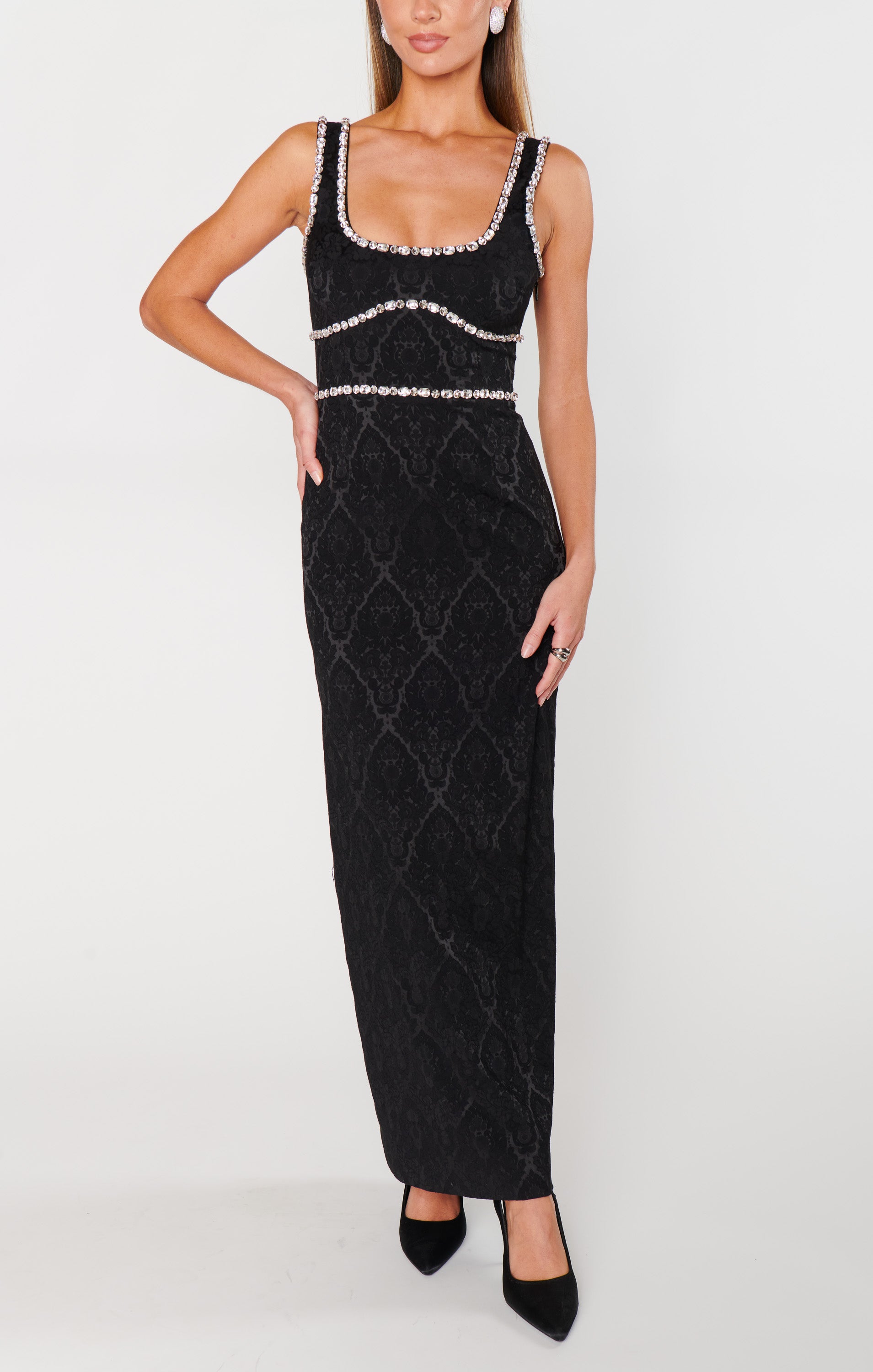 Black Rhinestone Jacquard Maxi Dress - Gina Elegant Evening Gown