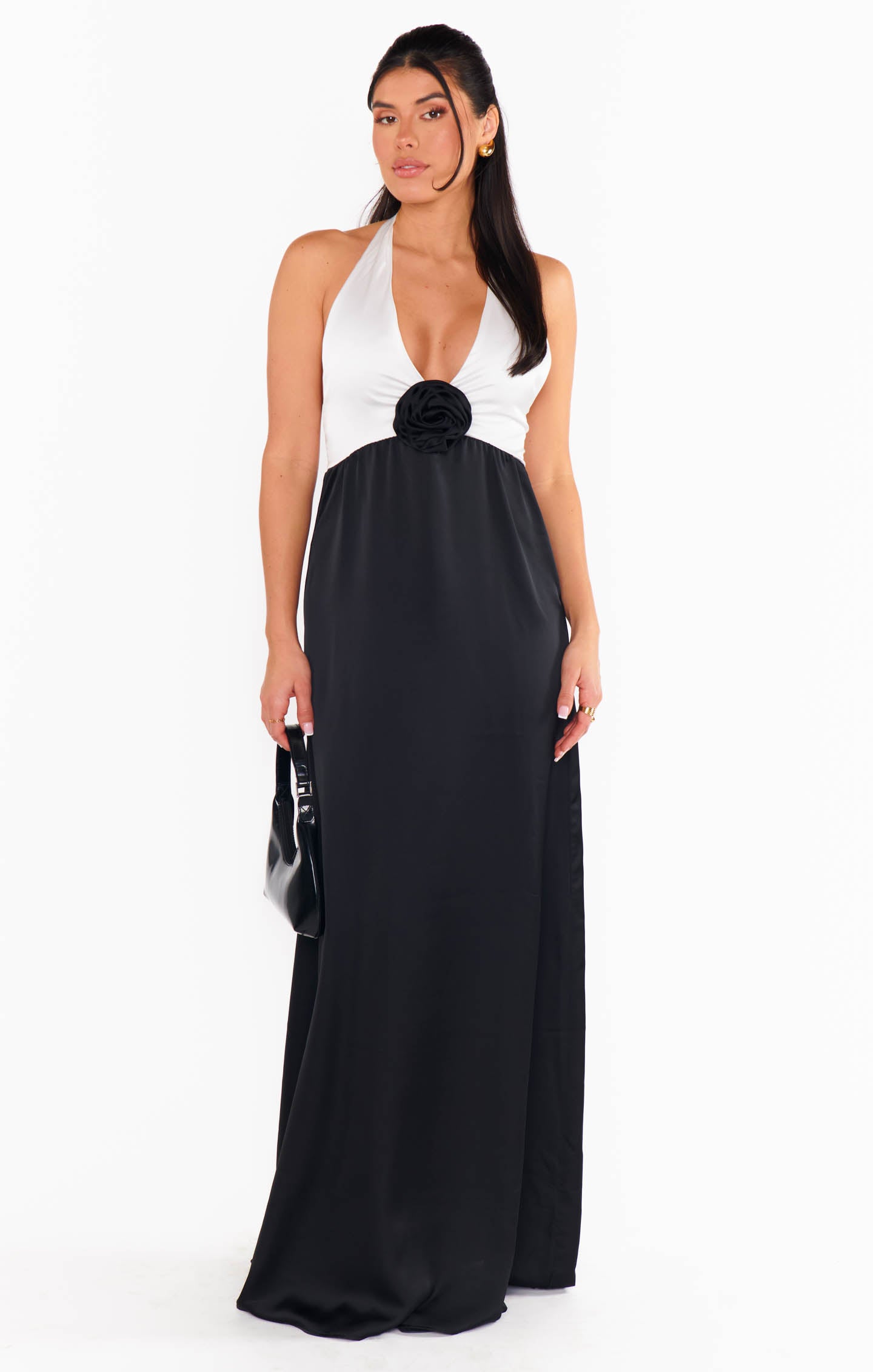 Luxe Satin Marilyn Maxi Dress - Black & White Halter Neck