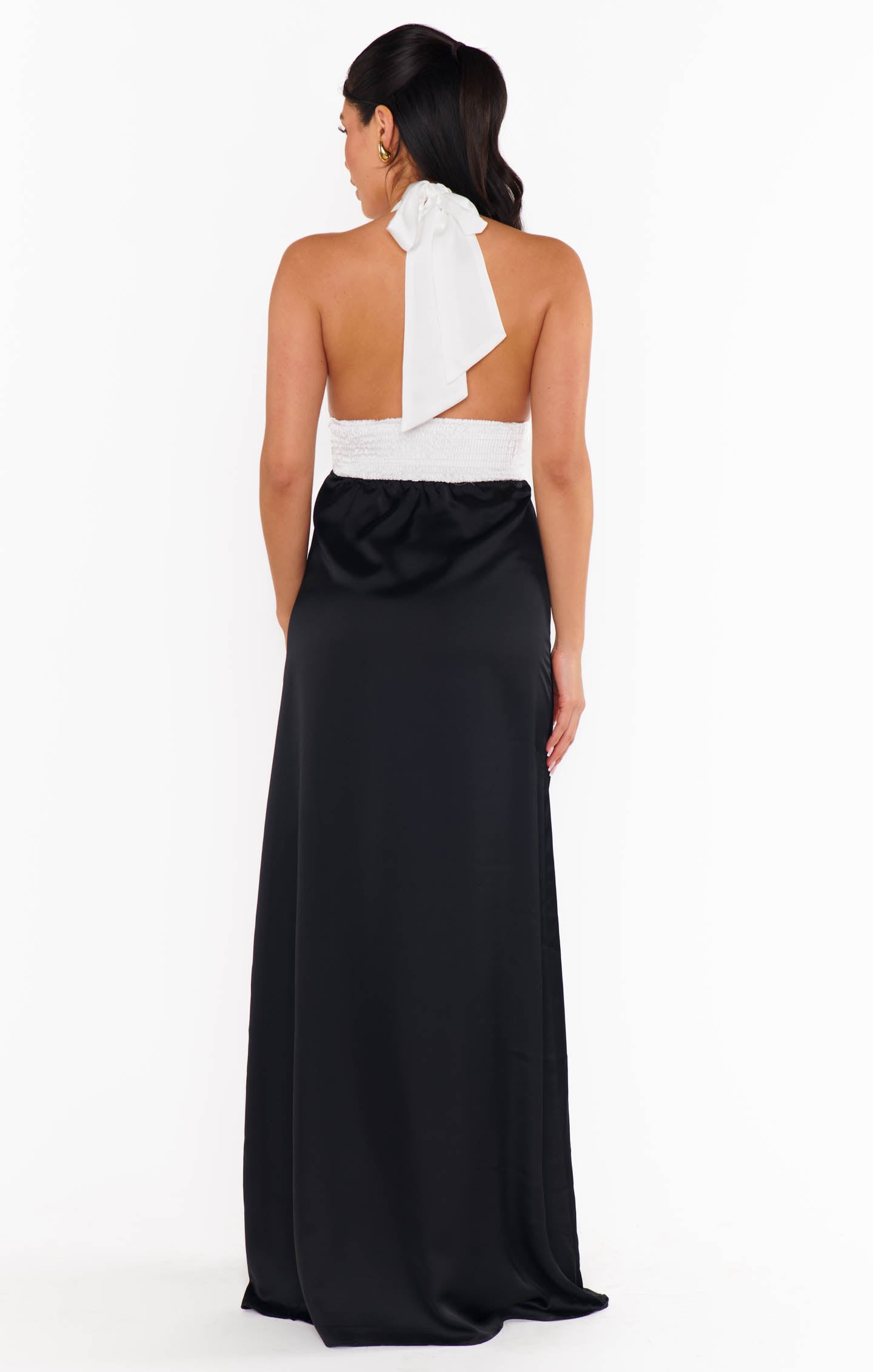 Luxe Satin Marilyn Maxi Dress - Black & White Halter Neck