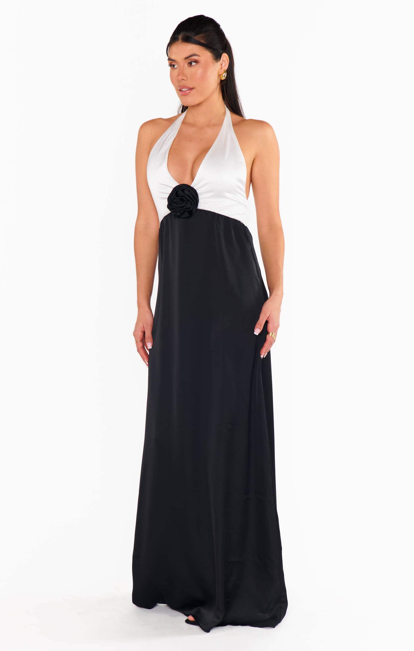 Luxe Satin Marilyn Maxi Dress - Black & White Halter Neck