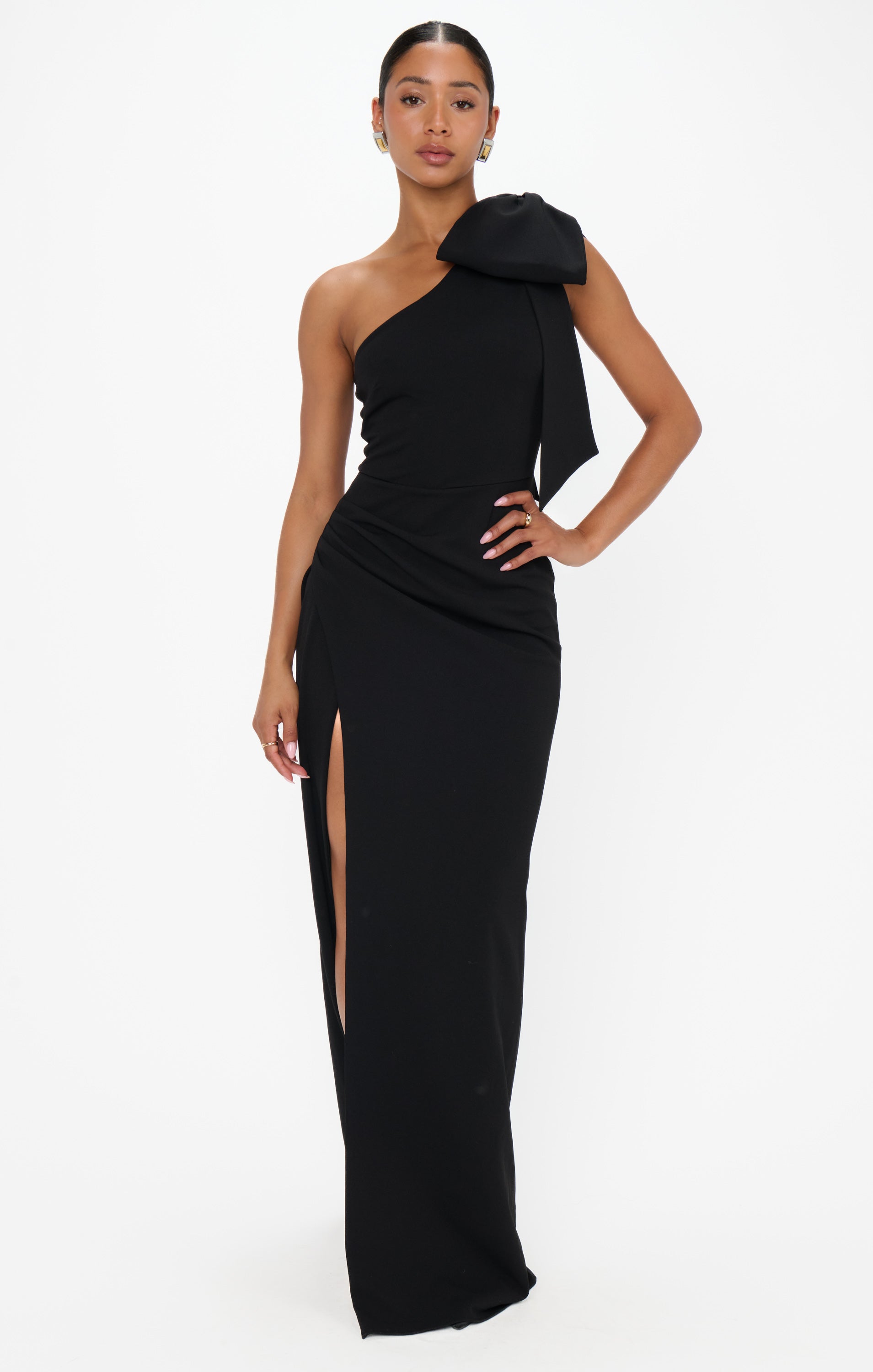 Bliss Bow One-Shoulder Stretch Dress in Black