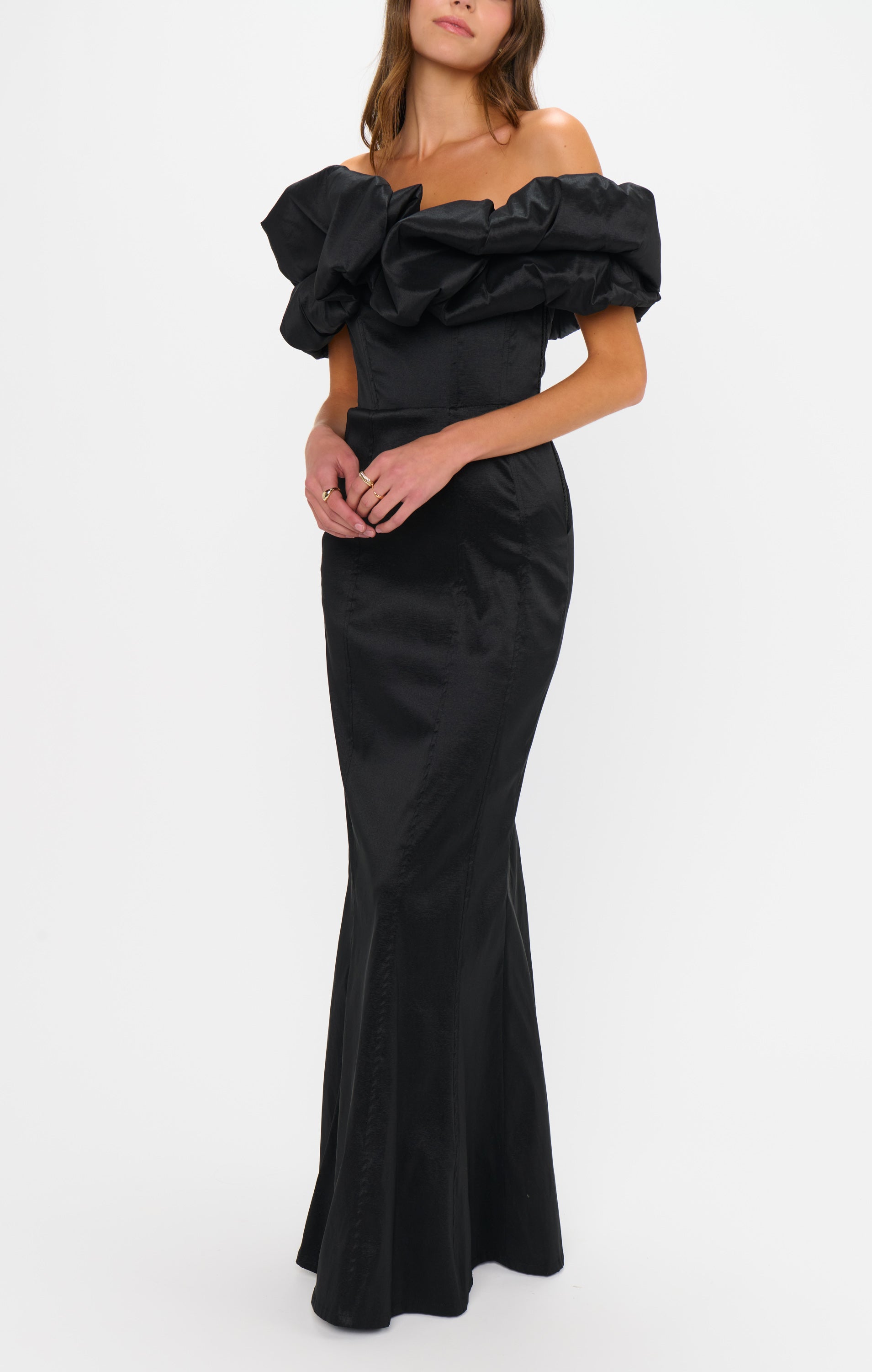 Off-the-Shoulder Black Taffeta Maxi Dress with Poof Detail