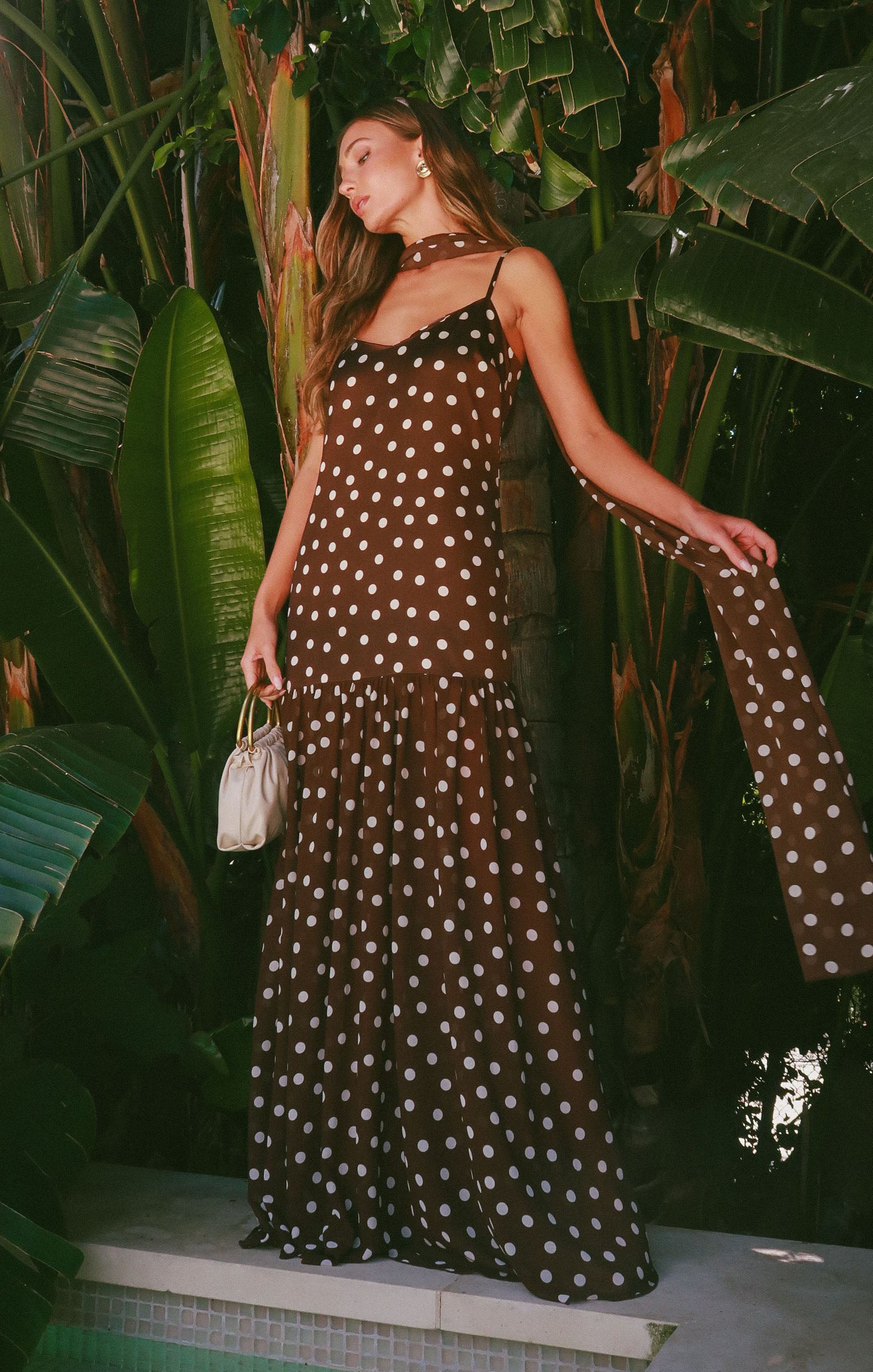 Chocolate Brown Polka Dot Dalia Maxi Dress with Scarf