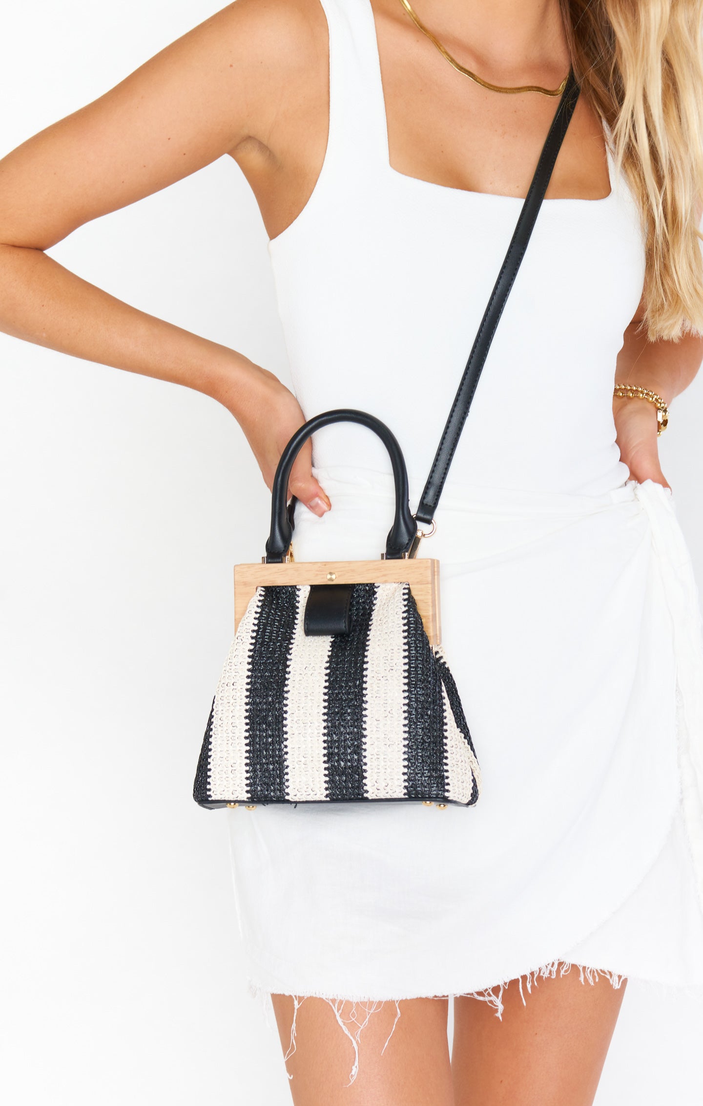 Saskia Woven Stripe Handbag - Black & Natural Wooden Detail