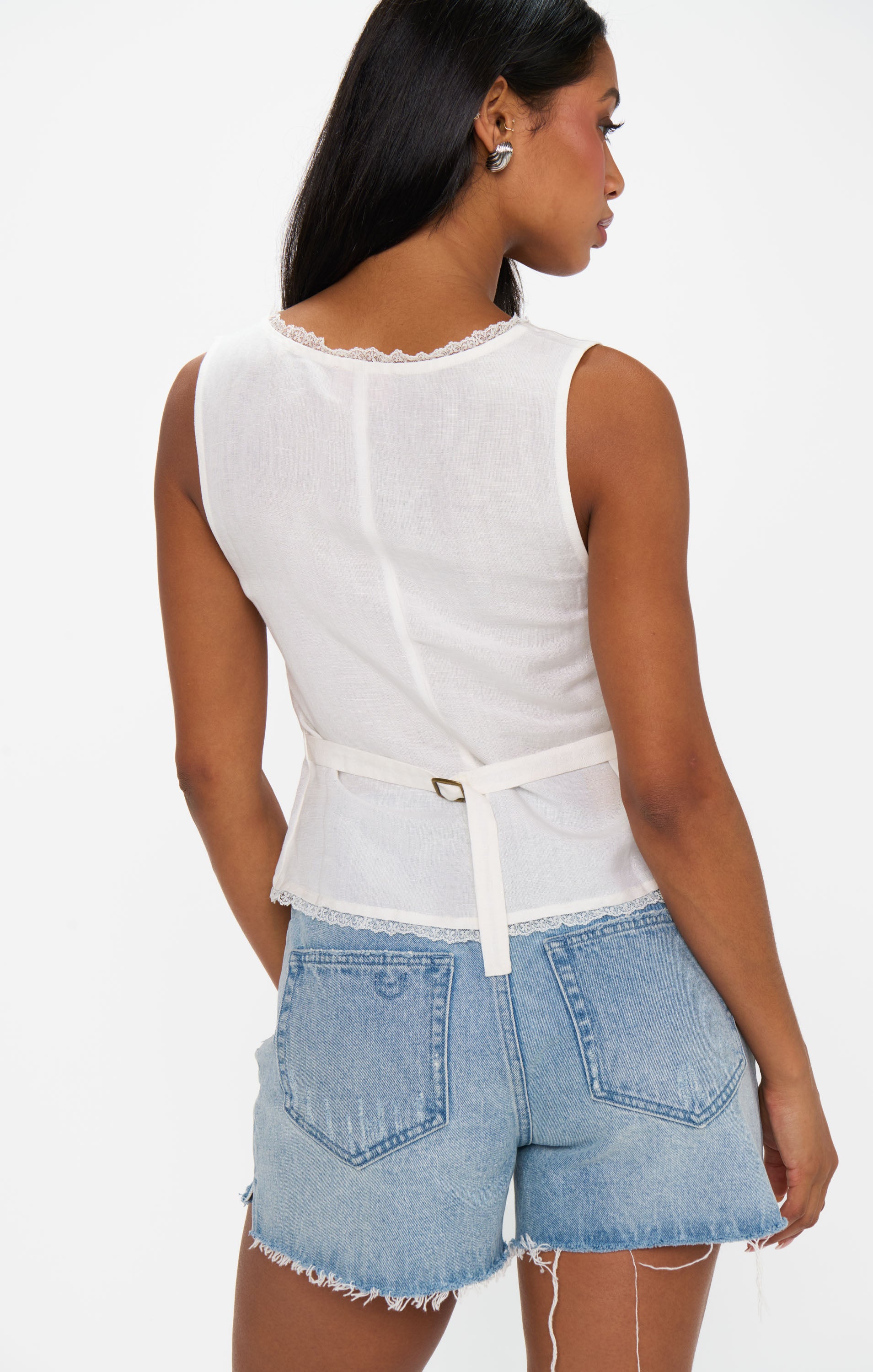 White Linen Mimi Top with Lace Trim & Adjustable Tie Details