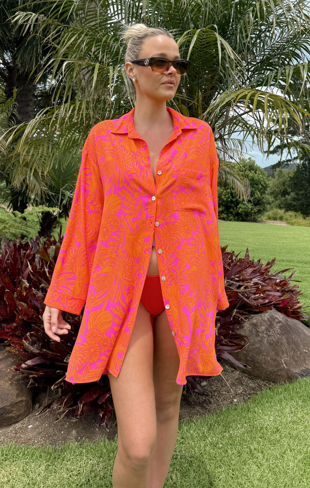 Beach Club Button Down Shirt - Fuchsia Shells Pebble Cover-Up