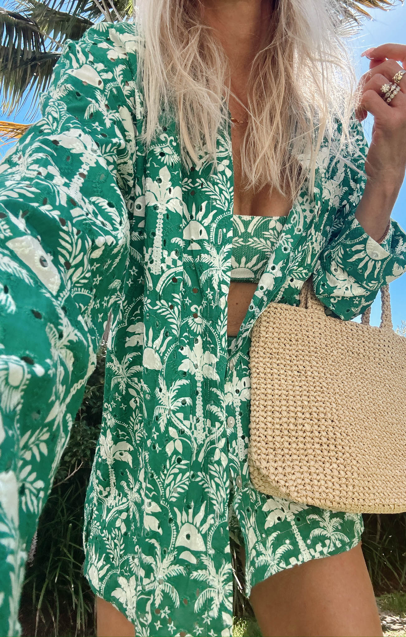 Women's Tiki Palms Button Down Shirt - Breezy Oversized Beach Cover Up