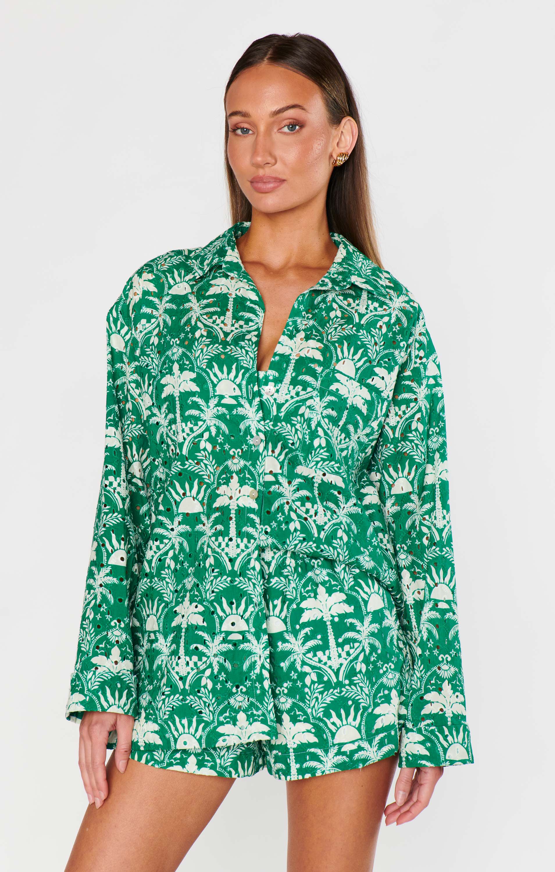 Women's Tiki Palms Button Down Shirt - Breezy Oversized Beach Cover Up