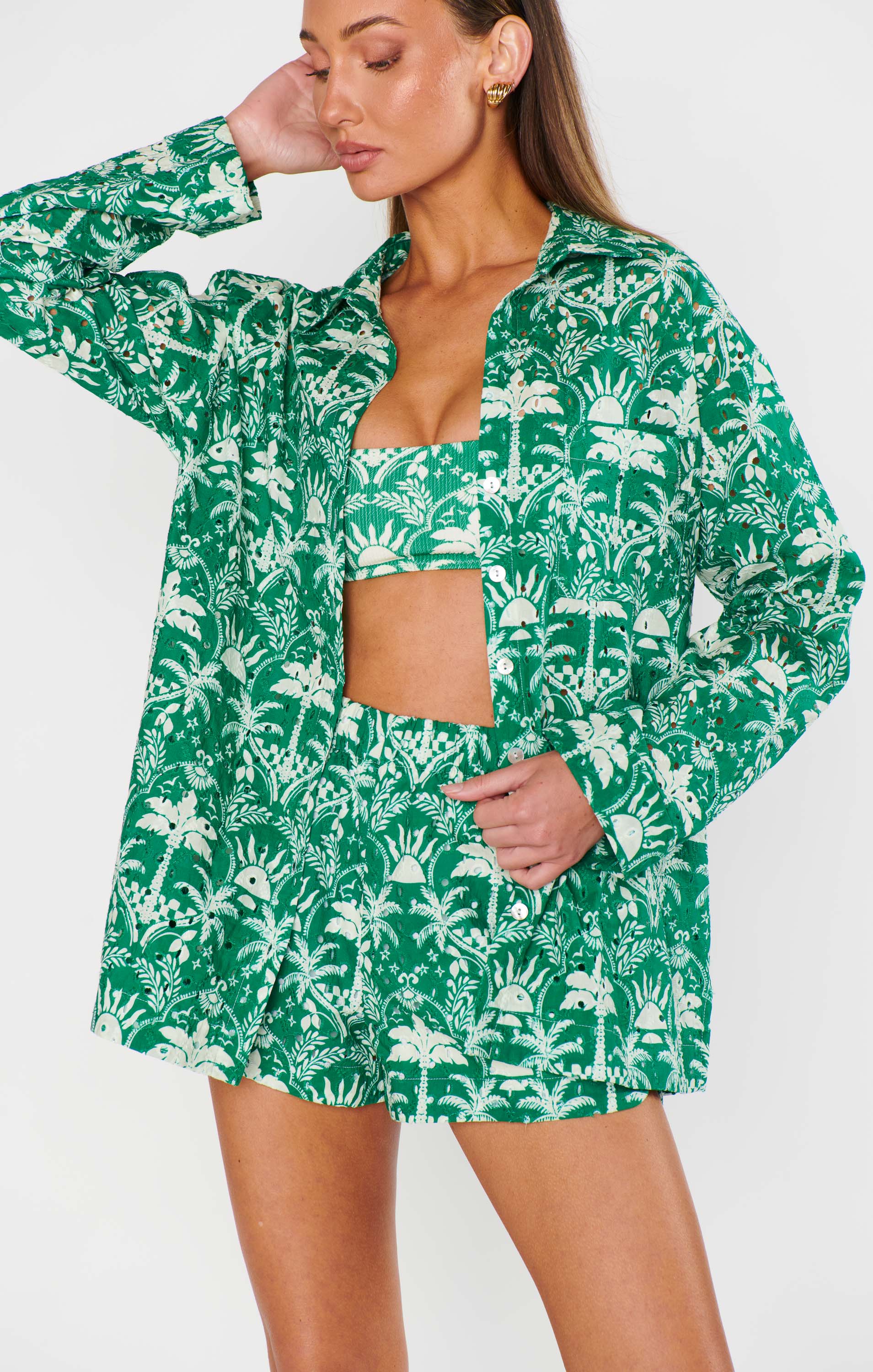 Women's Tiki Palms Button Down Shirt - Breezy Oversized Beach Cover Up