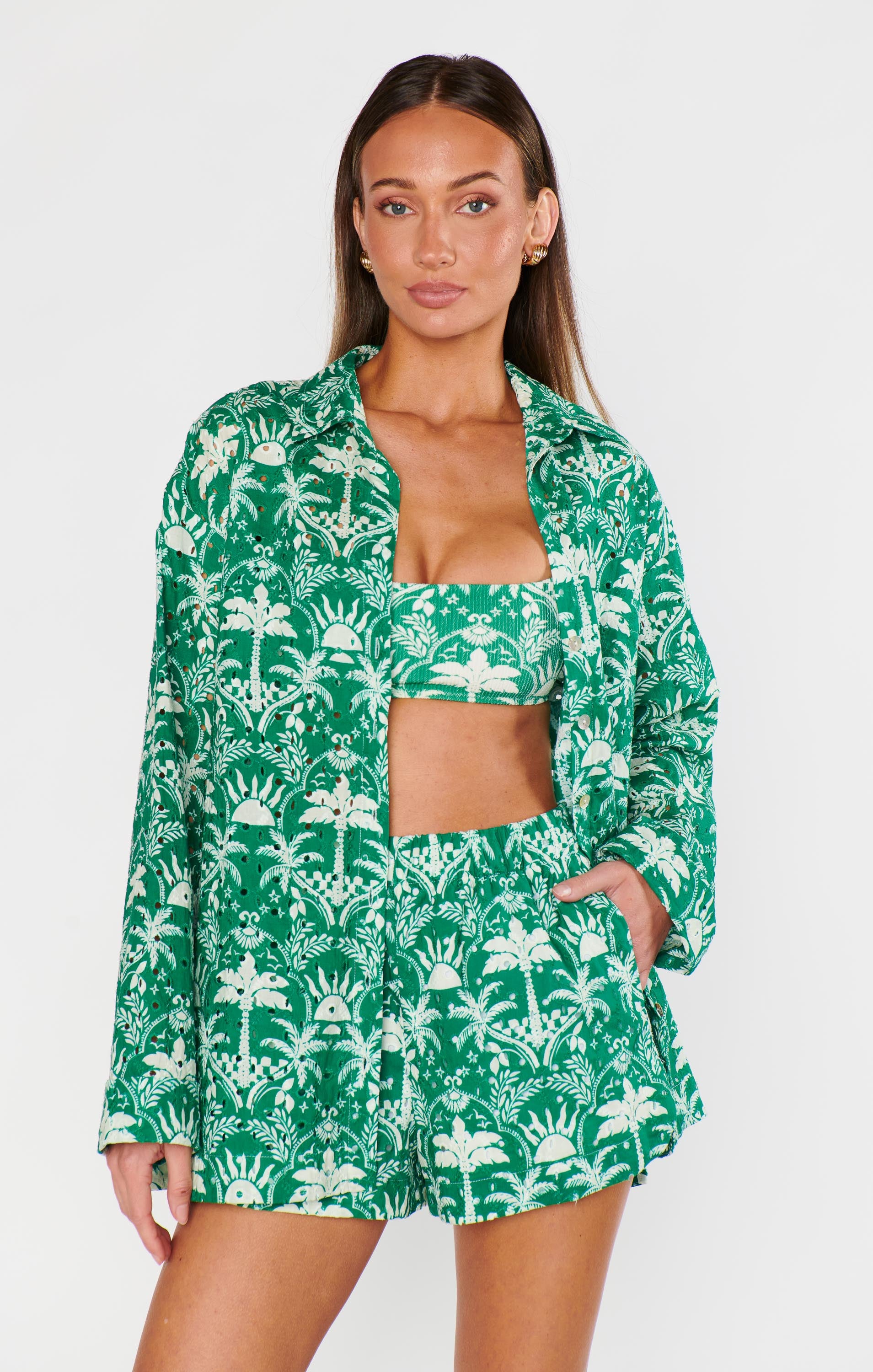 Women's Tiki Palms Button Down Shirt - Breezy Oversized Beach Cover Up