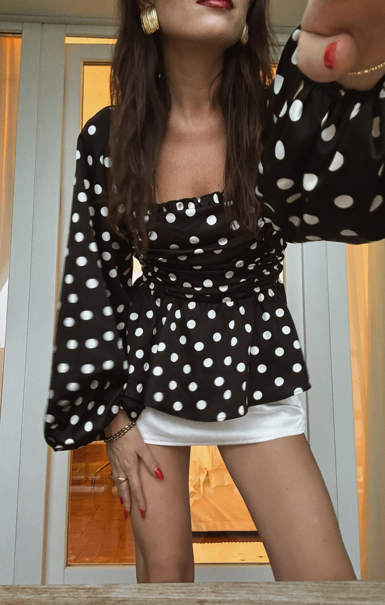 Atiana Polka Dot Satin Top with Ruffle Trims & Balloon Sleeves
