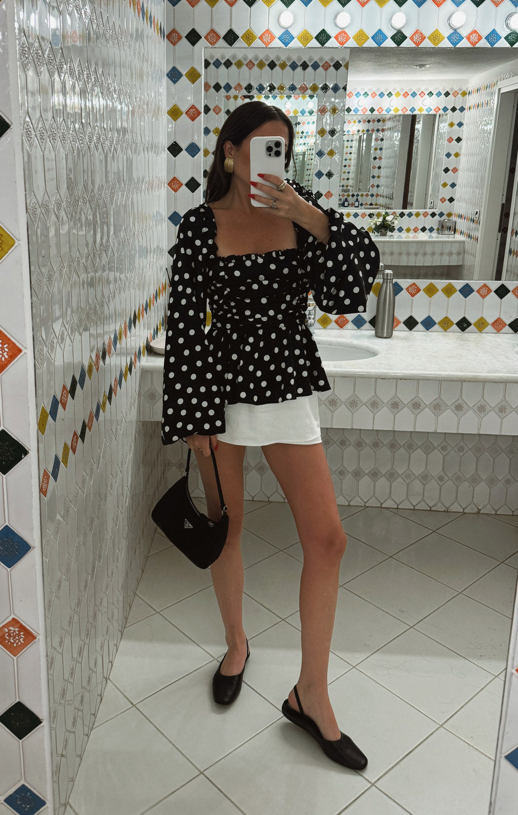 Atiana Polka Dot Satin Top with Ruffle Trims & Balloon Sleeves