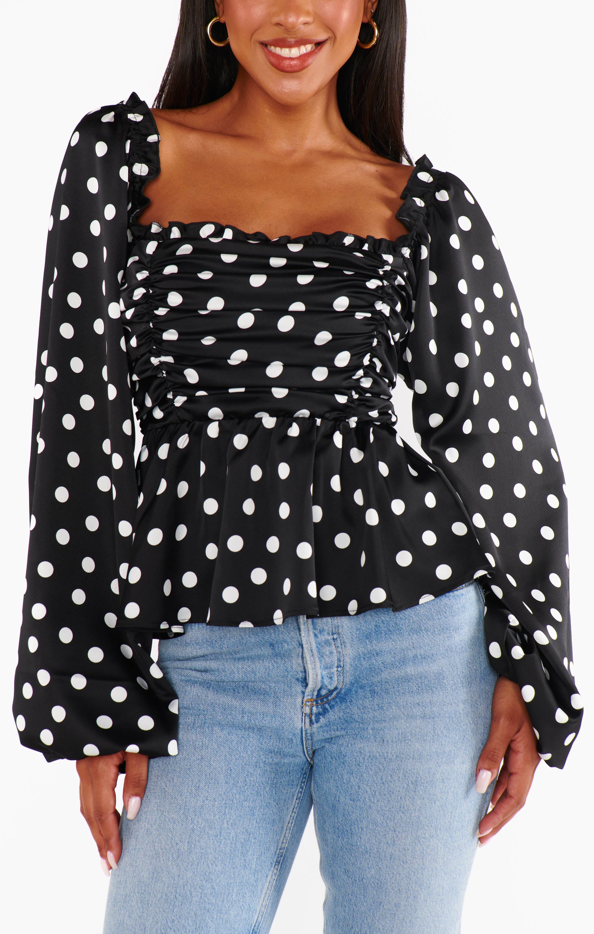 Atiana Polka Dot Satin Top with Ruffle Trims & Balloon Sleeves