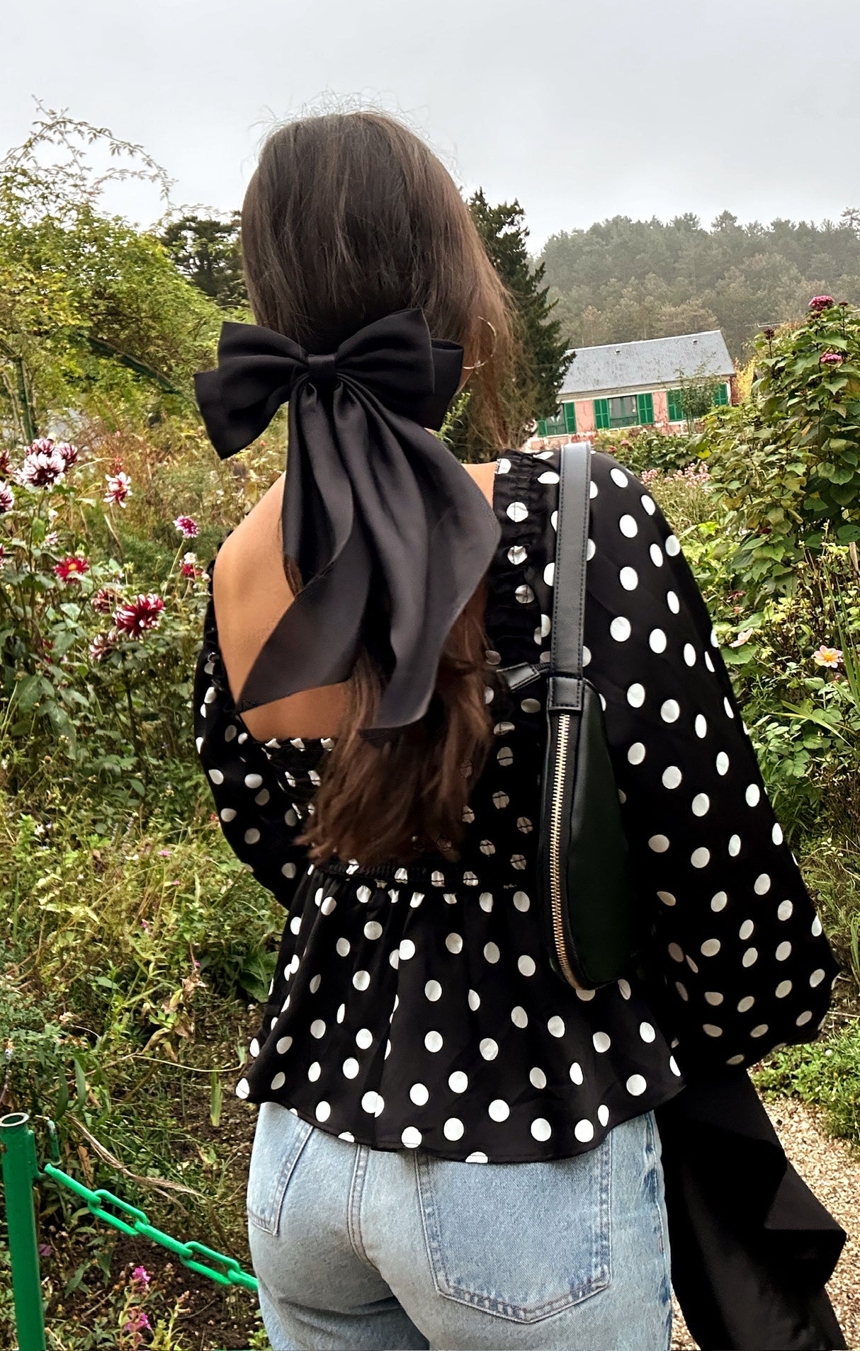 Atiana Polka Dot Satin Top with Ruffle Trims & Balloon Sleeves