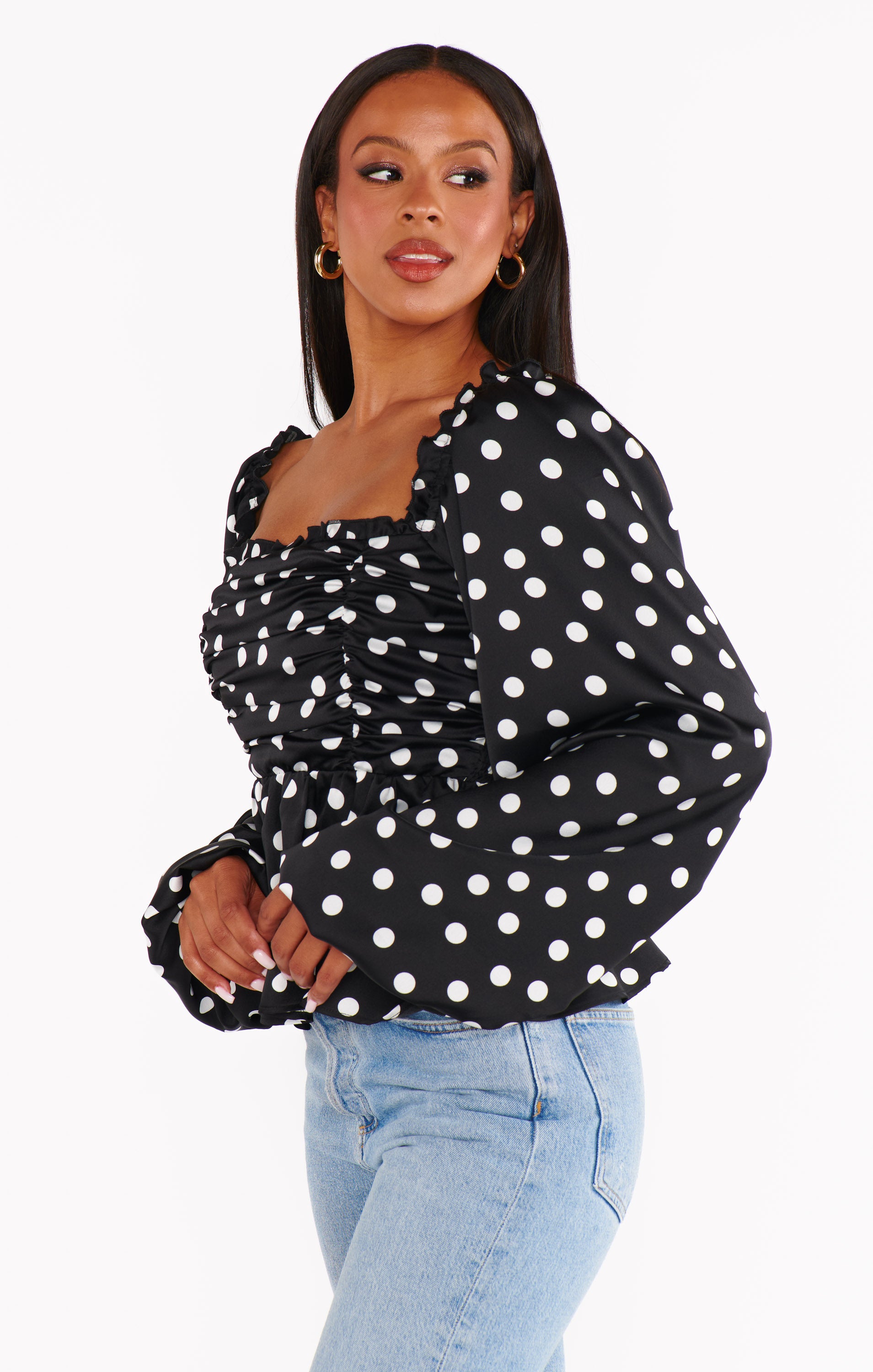 Atiana Polka Dot Satin Top with Ruffle Trims & Balloon Sleeves