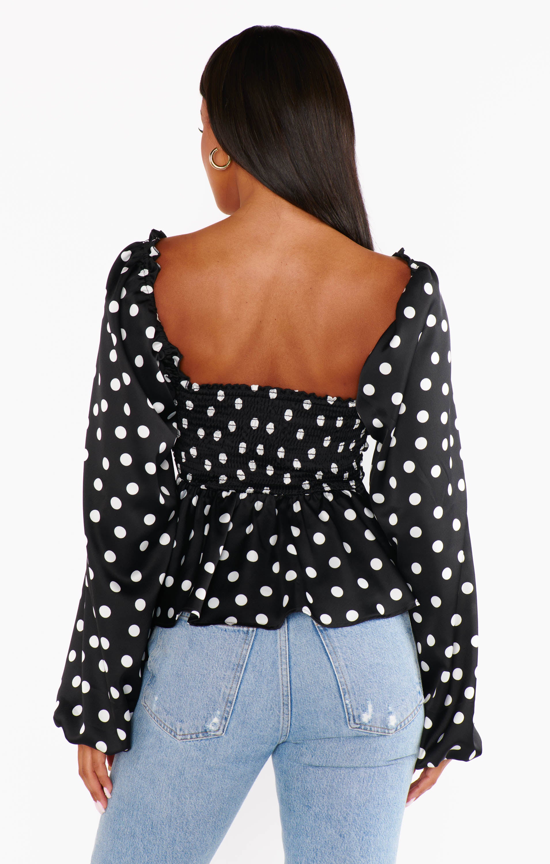 Atiana Polka Dot Satin Top with Ruffle Trims & Balloon Sleeves