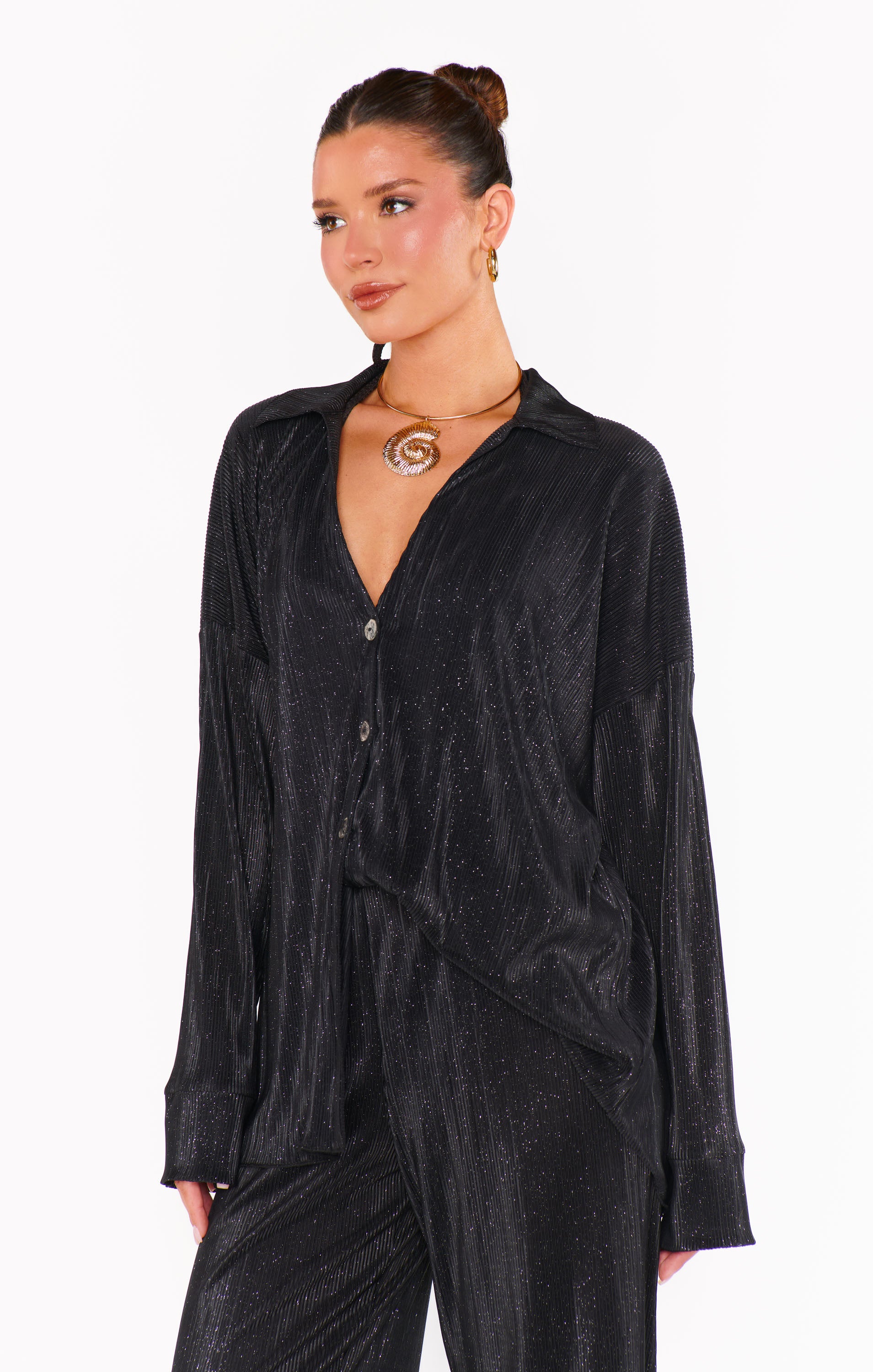 Black Pleated Button Down Top - Retro Sparkly Relaxed Fit Blouse