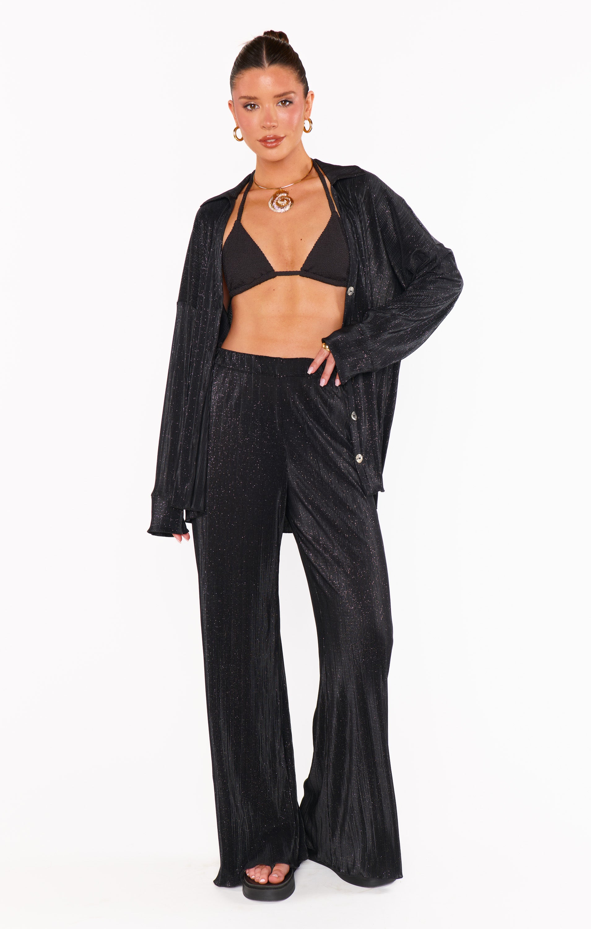 Black Pleated Button Down Top - Retro Sparkly Relaxed Fit Blouse