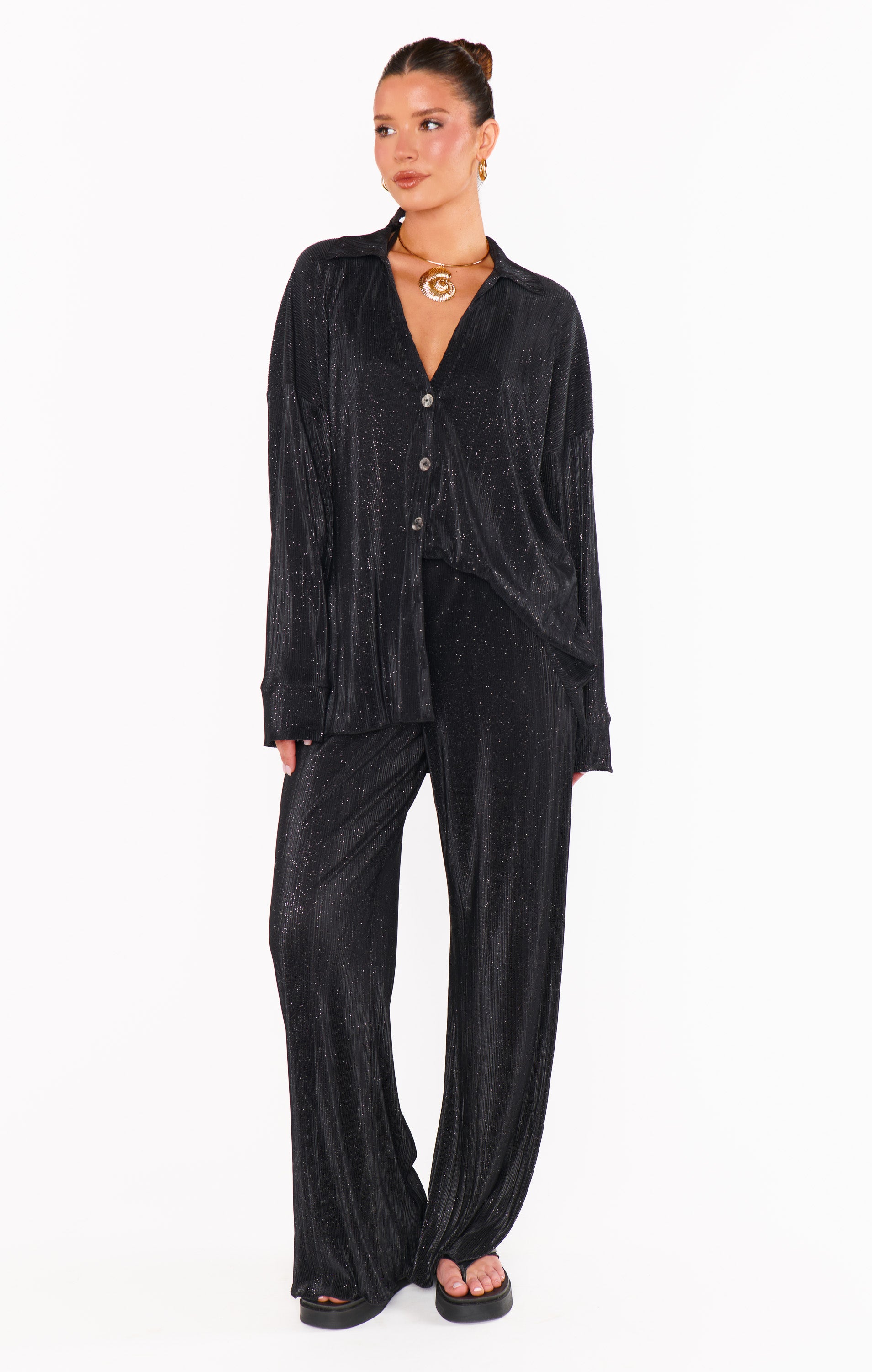 Black Pleated Button Down Top - Retro Sparkly Relaxed Fit Blouse