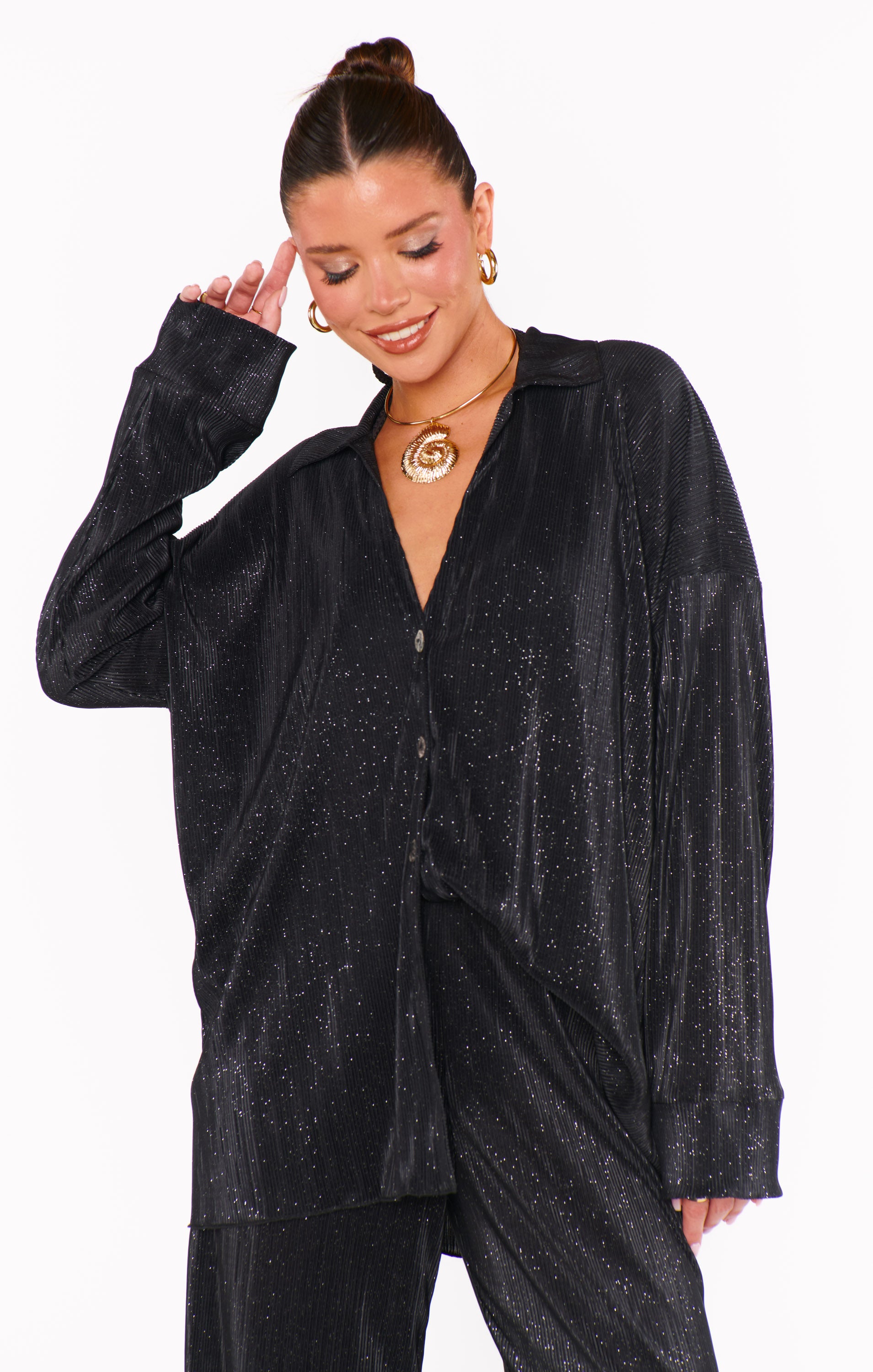 Black Pleated Button Down Top - Retro Sparkly Relaxed Fit Blouse