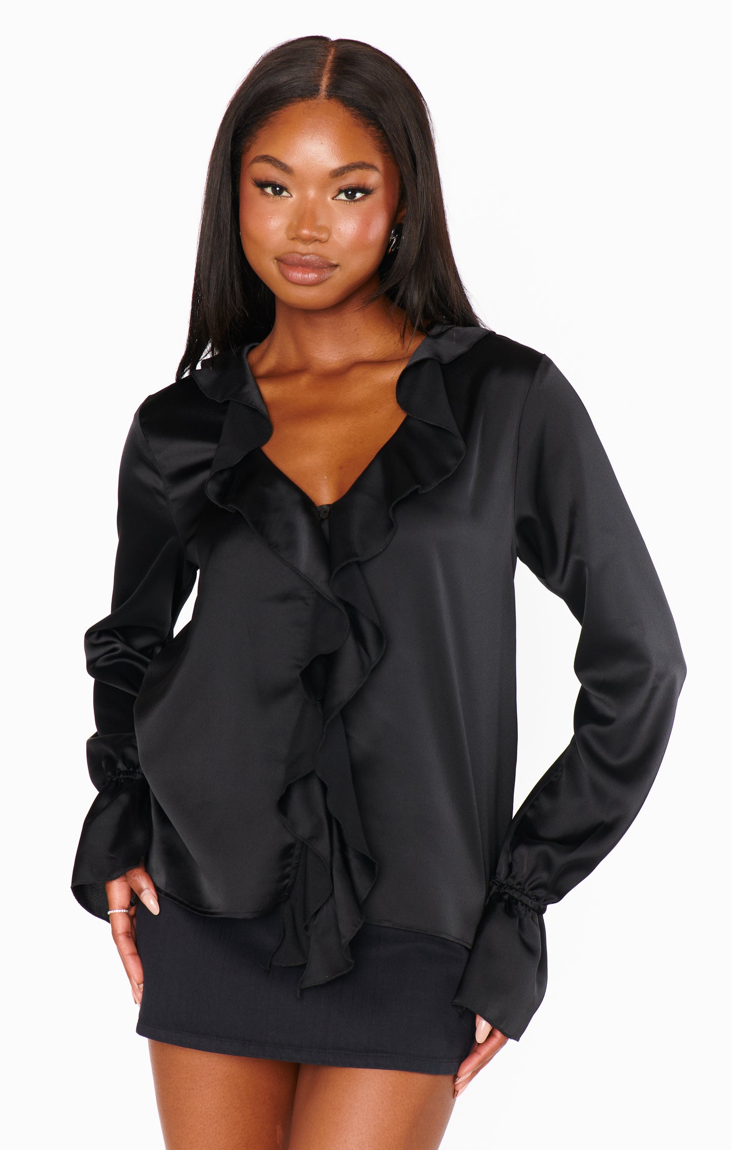 Adela Black Satin Ruffle Blouse with Long Sleeves & Front Ties