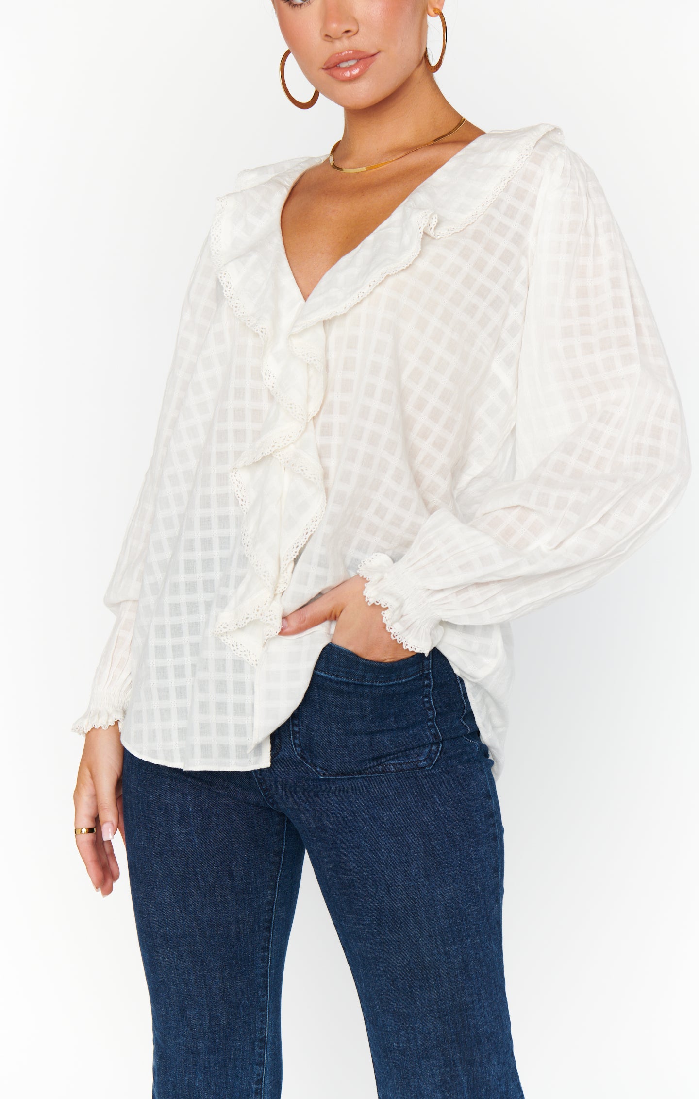 Lydia White Cotton Voile Ruffle Blouse for Women