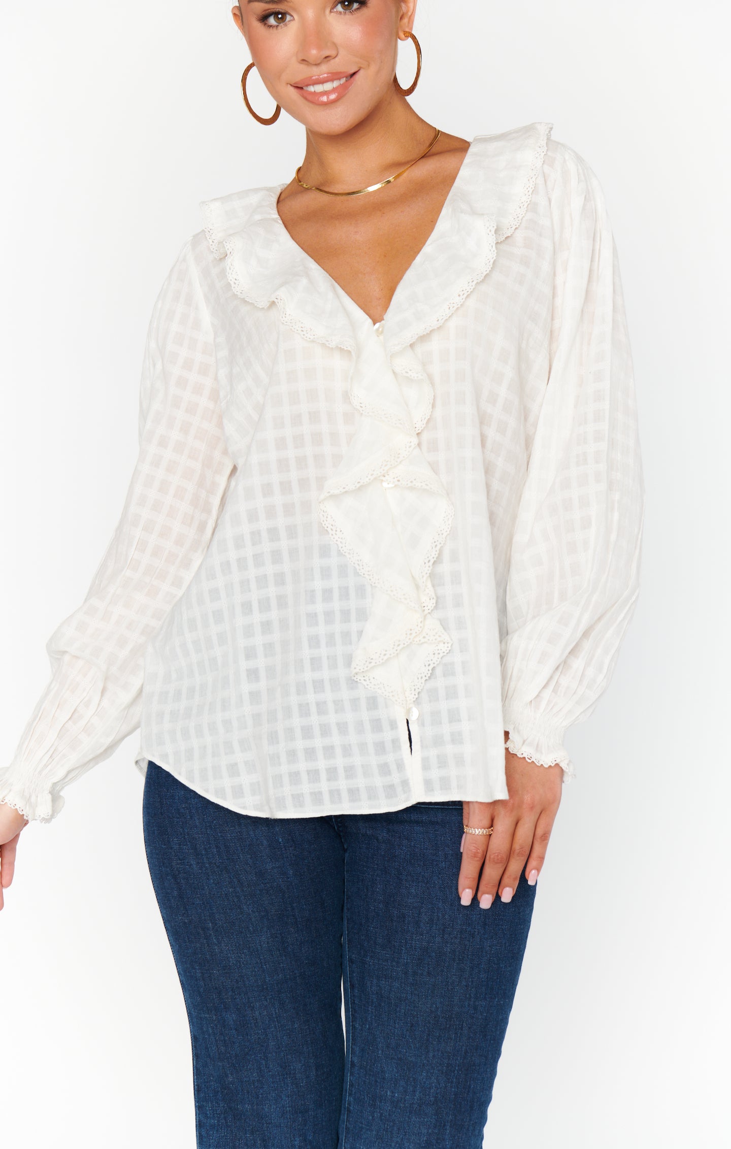 Lydia White Cotton Voile Ruffle Blouse for Women