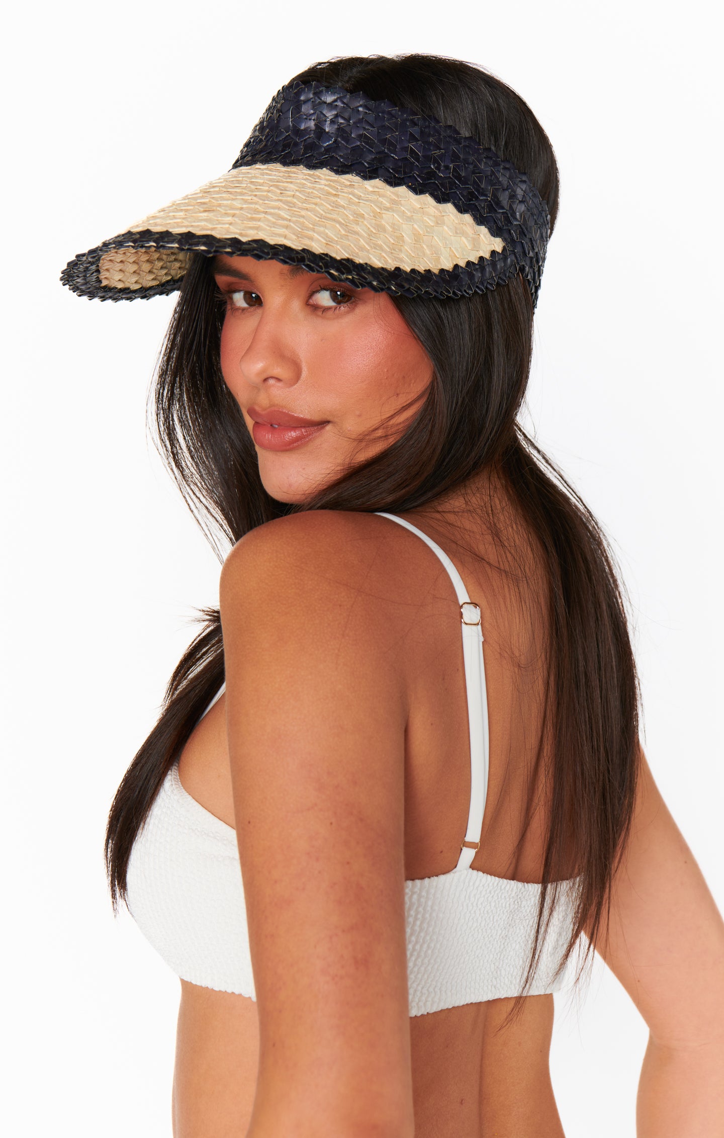 Lusana Black & Off White Handmade Baha Visor with Wide Brim