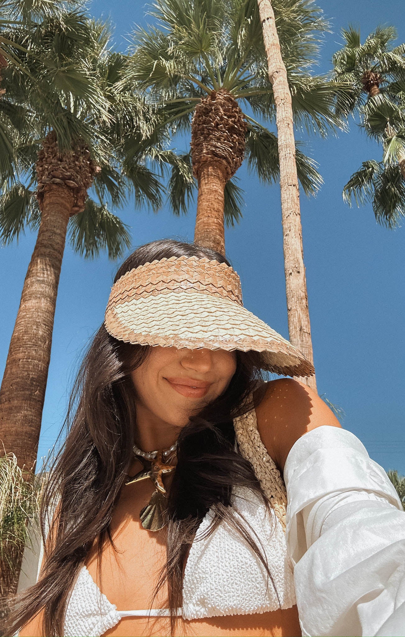 Lusana Handmade Baha Visor Hat - Wide Brim Sun Hat in Brown & Off White
