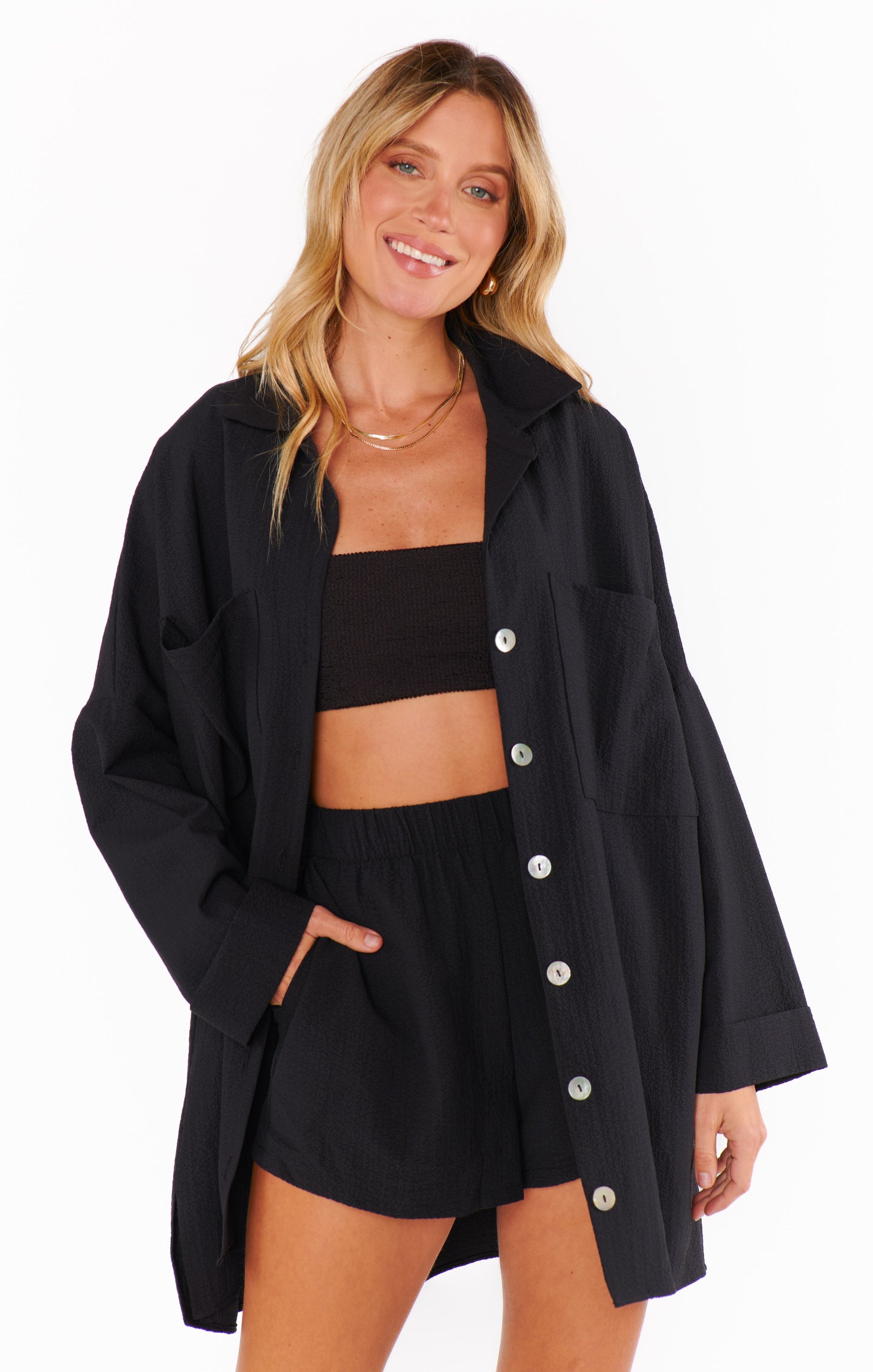 Mumu Johns Oversized Button Down Shirt - Black Crinkle Flow