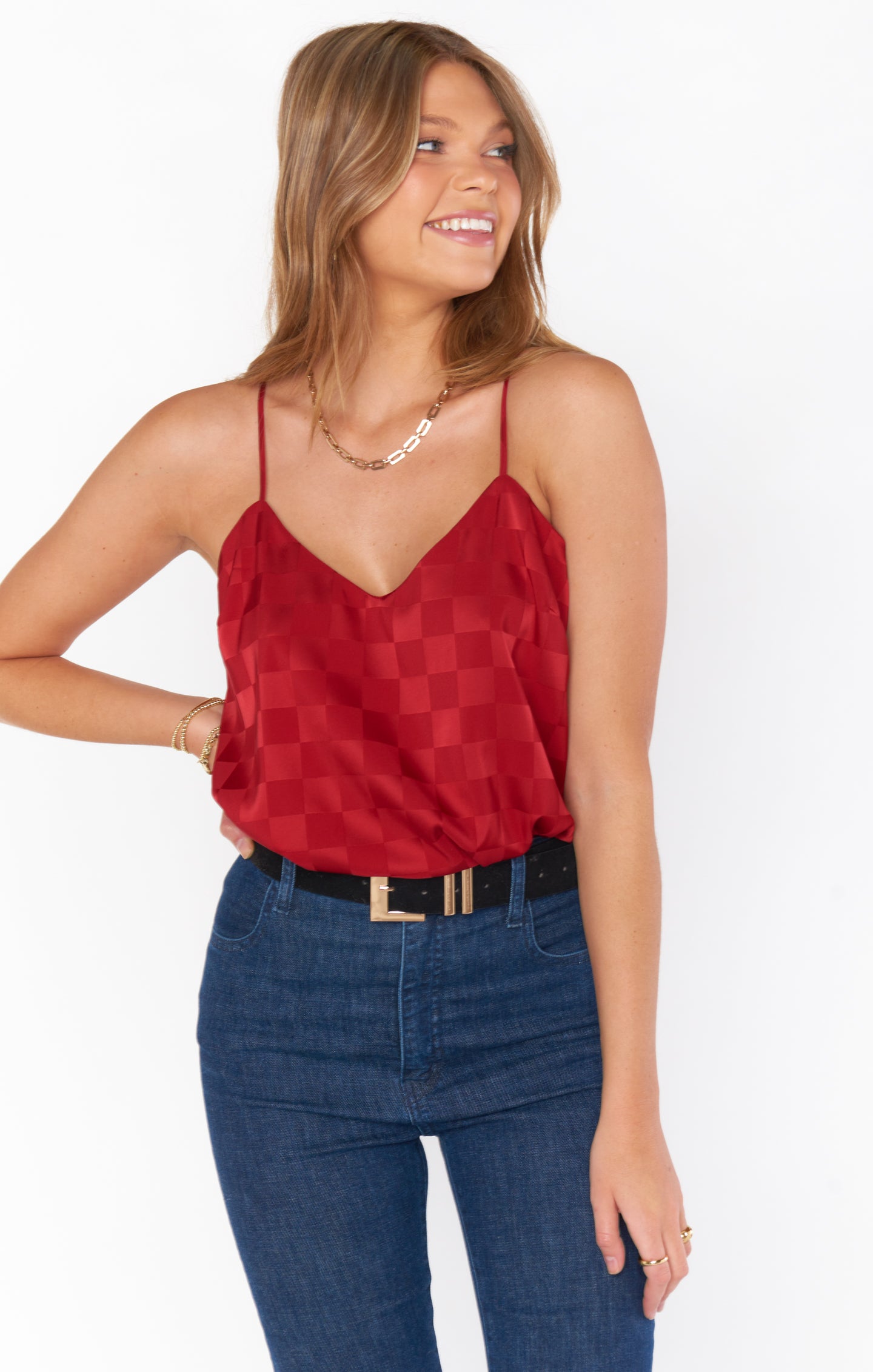Red Checkerboard Satin Spaghetti Strap Tank Top for Holiday Parties