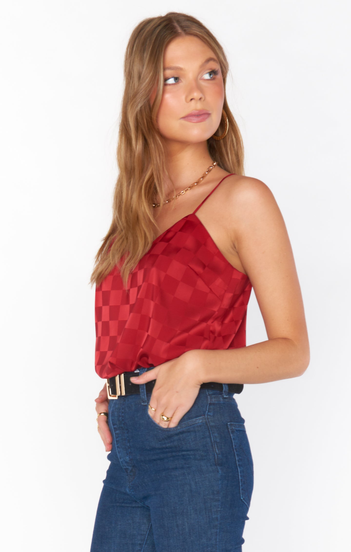 Red Checkerboard Satin Spaghetti Strap Tank Top for Holiday Parties