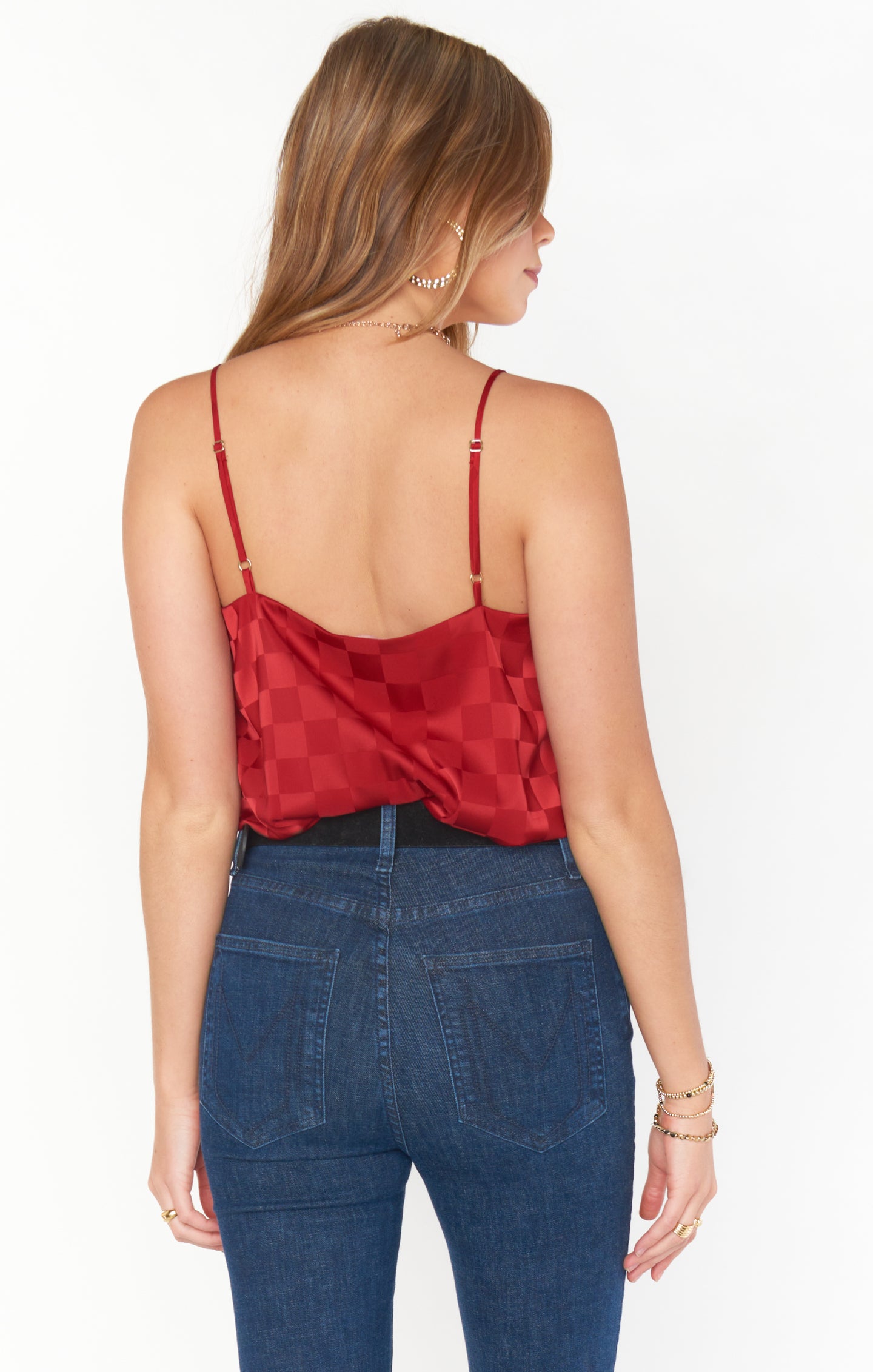Red Checkerboard Satin Spaghetti Strap Tank Top for Holiday Parties